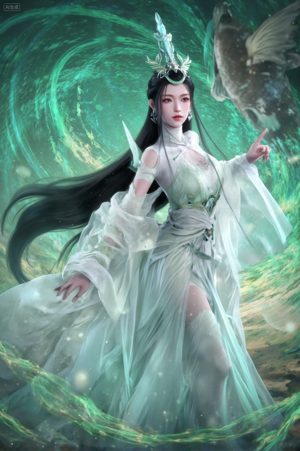 The image depicts a digitally rendered character with long black hair,wearing an elegant white outfit adorned with intricate designs. The character is standing in a dynamic pose,with one hand extended and the other holding a flowing white fabric. The background features a swirling pattern of green and blue hues,giving a sense of motion and depth. The character's attire includes a headpiece with a central decorative element,and there is a subtle hint of a large fish or aquatic creature in the background. The overall aesthetic is ethereal and mystical,with a focus on the character's graceful and poised demeanor.,, best quality,astonishing quality,ultimate aesthetics,absurd,best quality,ultimate aesthetics,masterpiece,emotional masterpiece,extraordinary above all,mastery of details,, Negative prompt: ng_deepnegative_v1_75t,(badhandv4:1.2),EasyNegative,(worst quality:2),,nsfw, Steps: 30, Sampler: DPM++ 2M, CFG scale: 3.5, Seed: 260326008, Size: 1024x1536, Model hash: 062dad72b2, Model: 麦橘超然majicFlus_v1.safetensors, Denoising strength: 0, RNG: CPU, Lora 1: 20250826-1756215252808-0010, Lora Hash 1: 3ac711167d, Lora Weight 1: 1.0, Lora 2: MAJICFLUS_麦橘光影约拍, Lora Hash 2: 158a204aee, Lora Weight 2: 0.7, vae_name: automatic