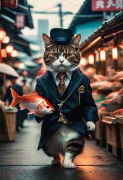 A hyperdetailed photograph of a Cat dressed as a mafia boss holding a fish walking down a Japanese fish market with an angry face, 8k resolution, best quality, beautiful photograph, dynamic lighting,