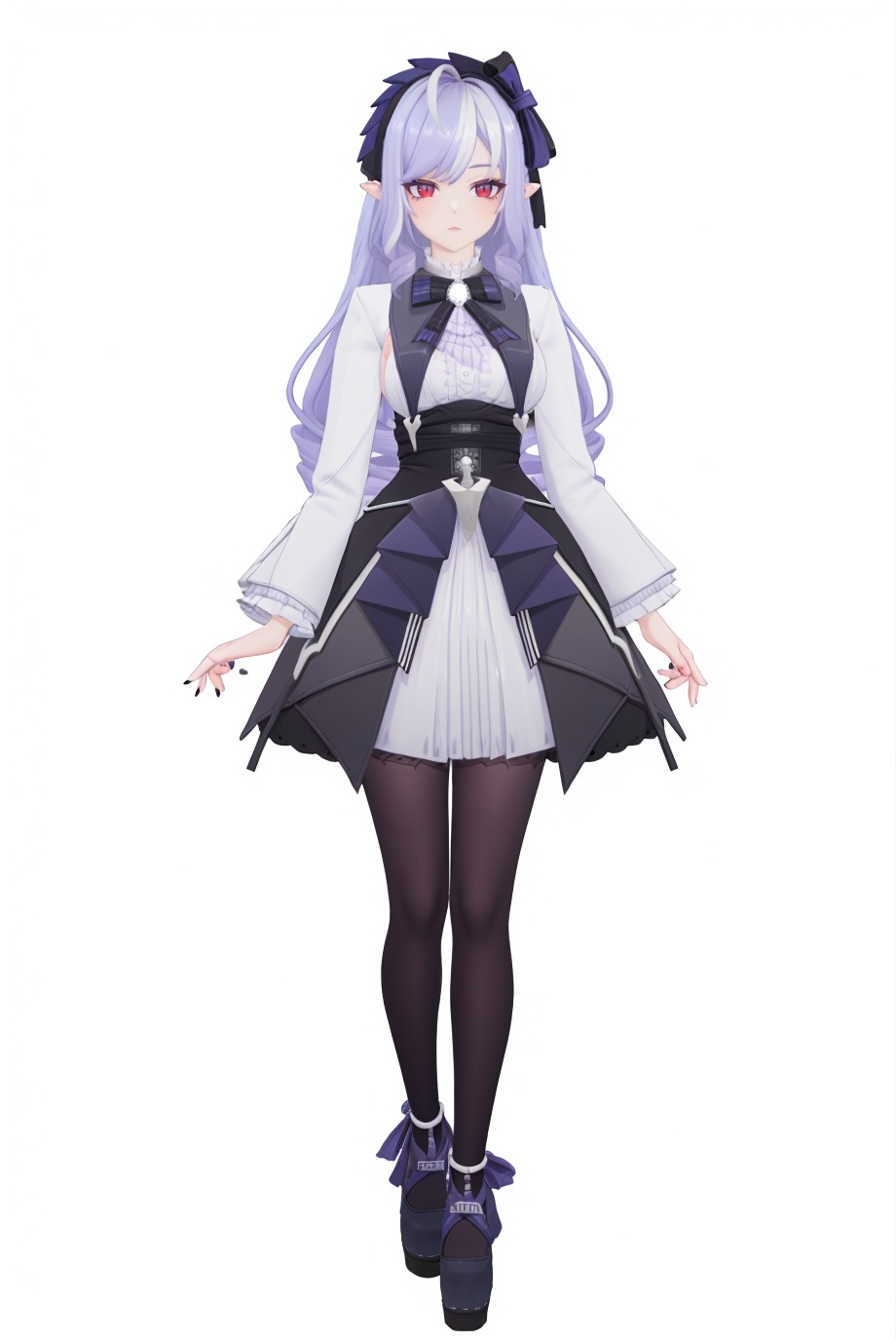 8k,best quality,masterpiece,(ultra-detailed),(high detailed skin),(by nanoless, by misumi \(macaroni\),:0.5),A full-body portrait of a young girl,standing gracefully,pastel art style,high-key lighting,shoujo manga influence,hd quality,delicate details,full body,full shot,standing,looking at viewer,(solo:1.2),simple background,(white background:1.2),<lora:vivian-sd-Tanger:0.8>,vivian \(zenless zone zero\),clothes: vivian def dress,vivian hairband with bow,1girl,red eyes,long hair,long sleeves,pointy ears,bow,black pantyhose,