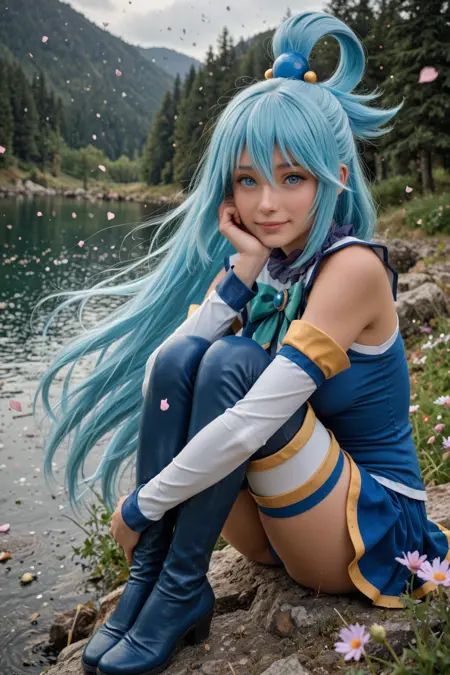 best quality, masterpiece, (realistic), (dutch angle), (cowboy shot), from above, from side, BREAK1girl, ((Aqua (konosuba):1), Kono Subarashii Sekai ni Shukufuku wo!, light smile, looking at viewer, white thighhighs, (blue thigh boots), sitting, hugging own legs, head rest, (posing:1)), BREAKatmospheric haze, (wind), flower, petals, nature, lake