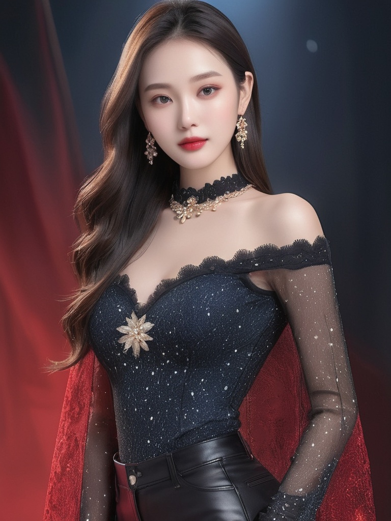 Top level CG, highest picture quality, masterpiece, exquisite and delicate beautiful girl, (185cm beautiful woman), (tall figure), queen, queen temperament, fair skin, ((long legs)), perfect facial features, bright eyes, seductive posture, red lips, beautiful and cold, (big breaks), beautiful and heroic, black and smooth long hair, sparkling, lace edge, mesh, visible skin through perspective, wearing glasses, diamond earrings, ruby necklace, ((wearing black cream stockings under ultra short jeans), 8k image quality, (realistic portrait), (black starry background), characters occupying the entire screen, (face lighting), ((standing))