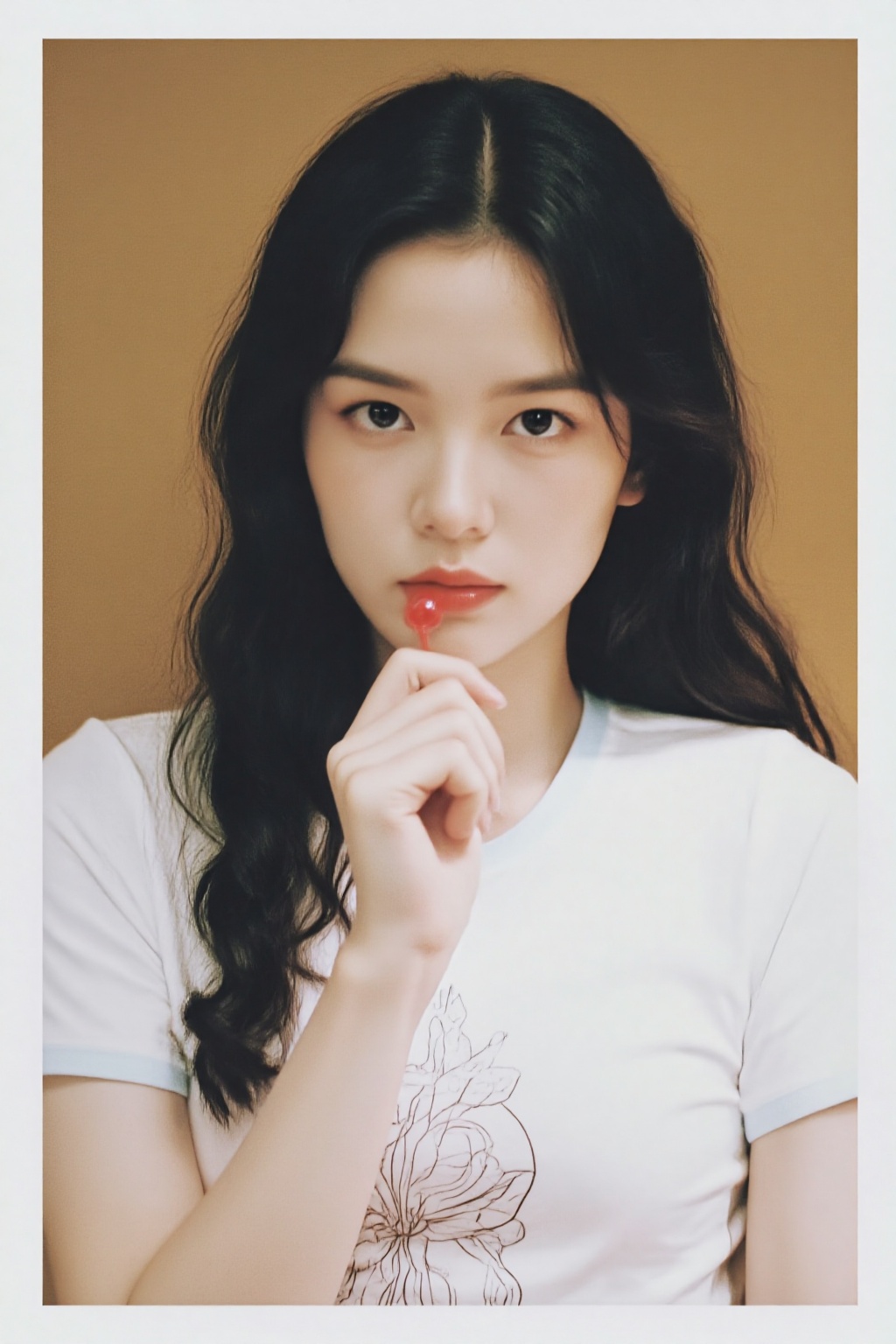 ZOZ_PLD,a photo-realistic portrait of a young woman with long,wavy black hair,wearing a white t-shirt with a floral design,she is positioned in the middle of the image,looking directly at the viewer with a neutral expression,her right hand is resting on her chin,and she is holding a red lollipop in her mouth,the background is a plain,beige-colored surface,and the image has a soft,ethereal quality to it,the woman appears to be in her early twenties,with a light skin tone and a subtle blush on her cheeks,her black hair is styled in loose waves,framing her face and adding to her natural beauty,she has a slim body and is wearing a simple white shirt with short sleeves,the image is framed with a white border,giving it a clean and minimalistic look,