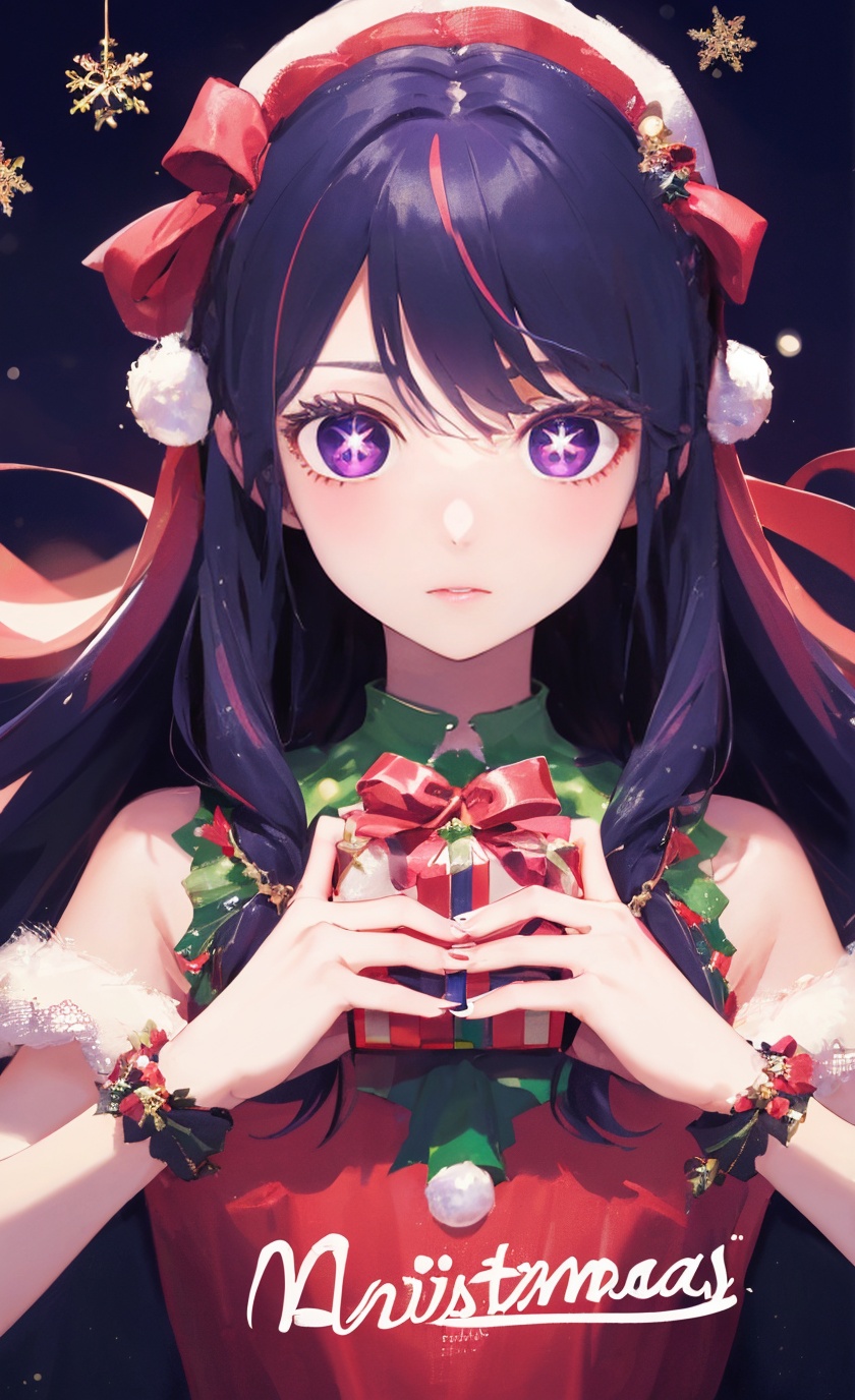 masterpiece, best quality,1girl, absurdres, (Merry Christmas), <lora:HoshinoAi_v9:0.7> Hoshino Ai, long hair, purple hair, streaked hair ,purple eyes, star-shaped pupils, <lora:PBXGOOGLE:0.2> 