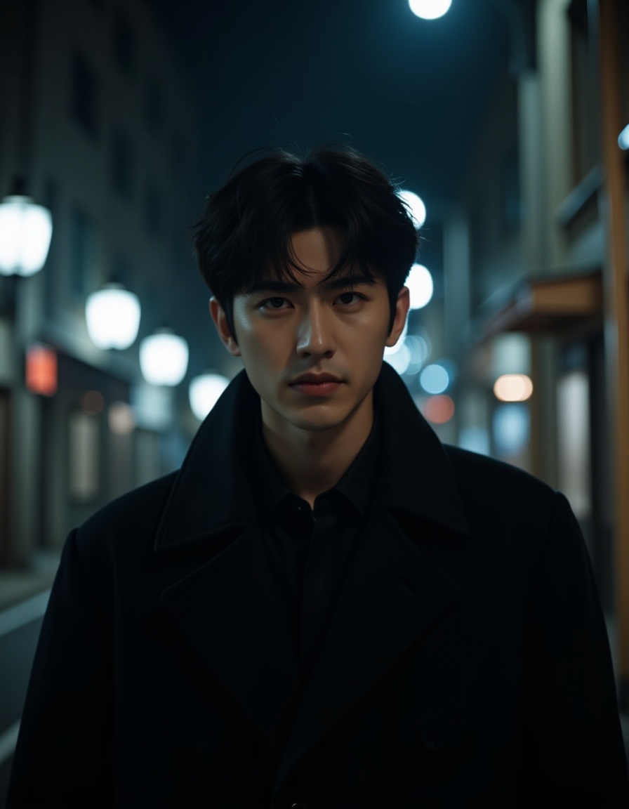 (photorealistic:1.28),A cinematic photography style image with a 2:3 ratio. An Asian man,in he twenties,is donned in a black windcoat on a bustling metropolitan street at night. The atmosphere is perilous and taut. High-contrast shadows bestow a mysterious allure. He expression is fraught with nervousness,and he short black hair is somewhat tousled. He pale lips tremble slightly. The street lights cast elongated,ghostly shadows. The details are ultra-high,and the resolution is razor-sharp. The composition is a tunnel,highlighting the profound depth and narrow confinement of the street,collarbone,smile,