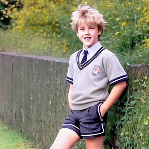 A young British schoolboy,  with blond messy hair,  in a traditional grey school uniform on Tensor.Art