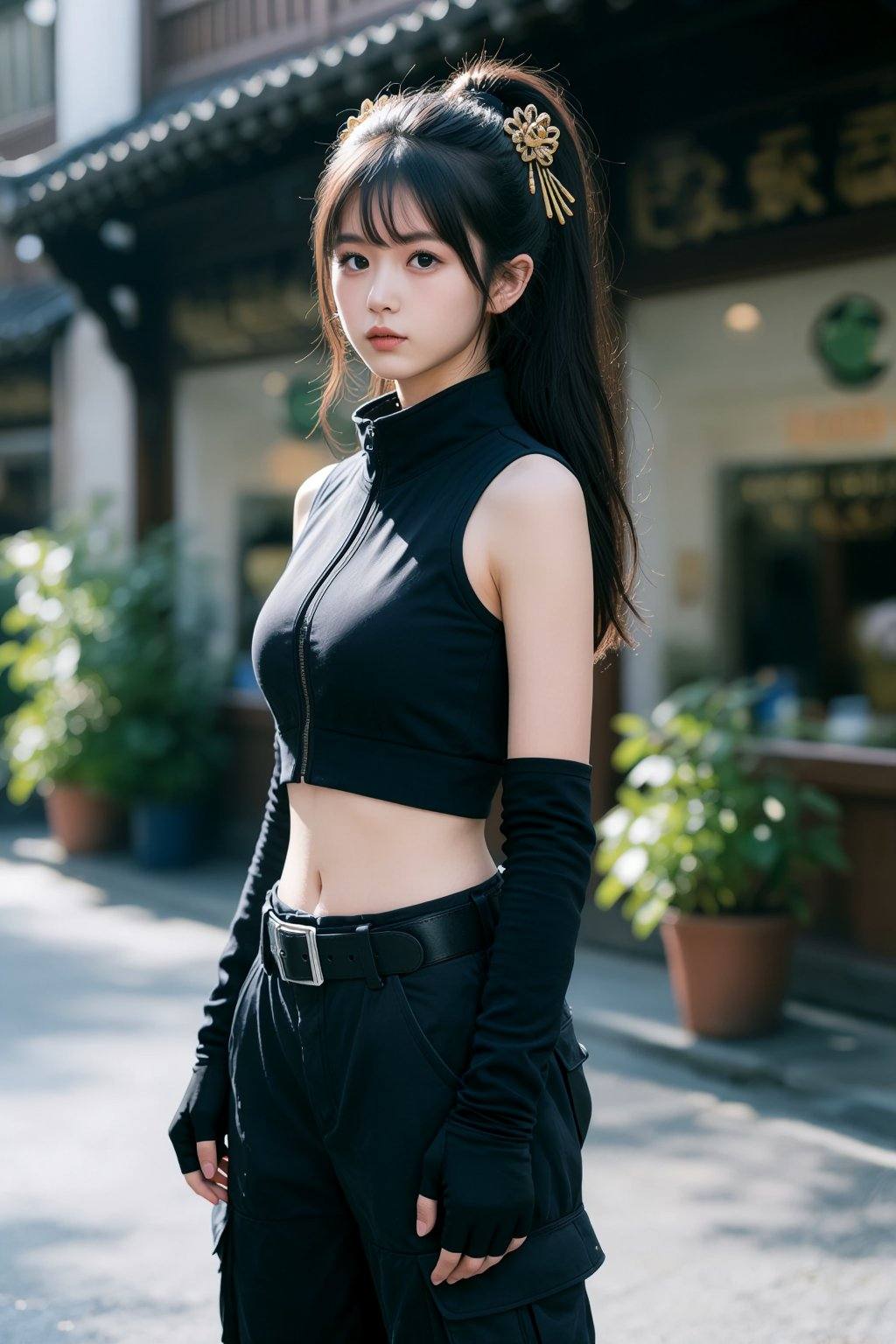 A young East Asian woman,  appearing to be in her early twenties,  stands in a three-quarter profile view on Tensor.Art