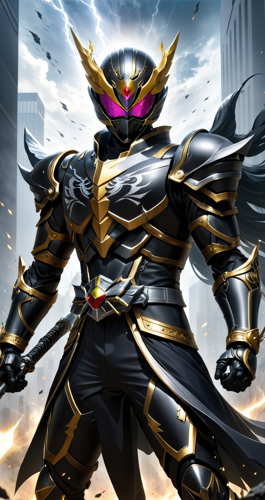 kamen rider style,  Mysterious Warrior Kamen Knight,  wearing dark armor and holding the Thunder Sword on Tensor.Art