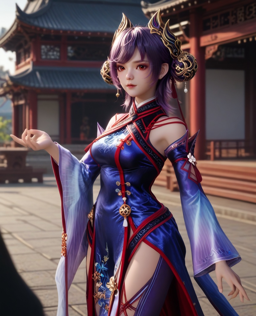 (oriental architecture, elegant decor, sophisticated style:1.1),(horns pose:1.1),(breasts:1.2),<lora:XL16牧神记司芸香:0.95>,miss siyunxiang,china dress with blue violet,red eyes,purple hair,double bun,hair ornament,cutout pants,wide cuffs,, score_9,score_8_up,score_7_up,score_6_up,score_5_up,score_4_up,3d rendering,tag1,tag2, Cinematic Lighting,backlighting,