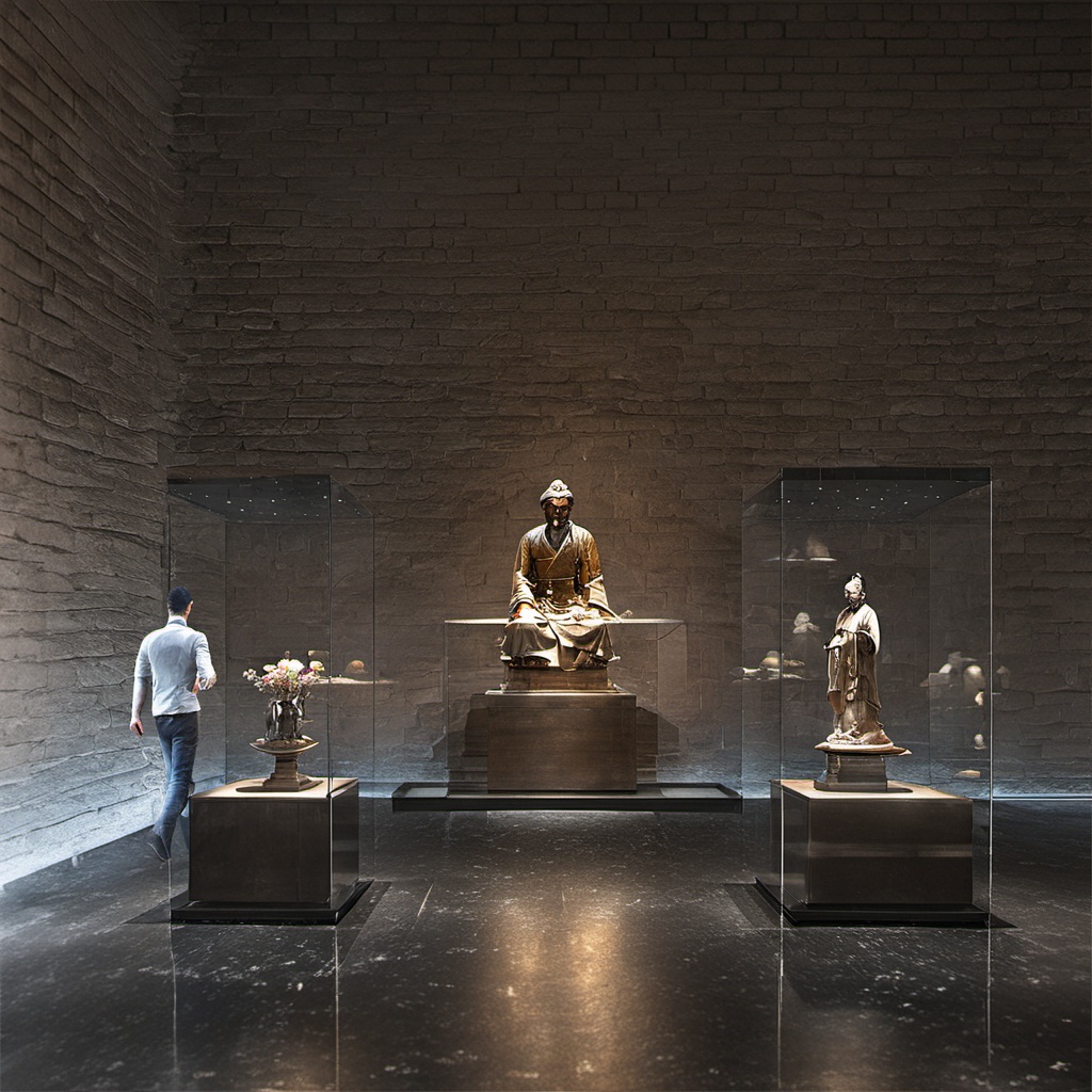 BOWUGUANkongjian,BOWUGUANkongjian,Square glass displays, sculptures, people, gray brick walls, dark floors, dim Spaces, masterpiece,High quality,4K,professional lighting,VRAY rendering<lora:BWG (8):0.8>