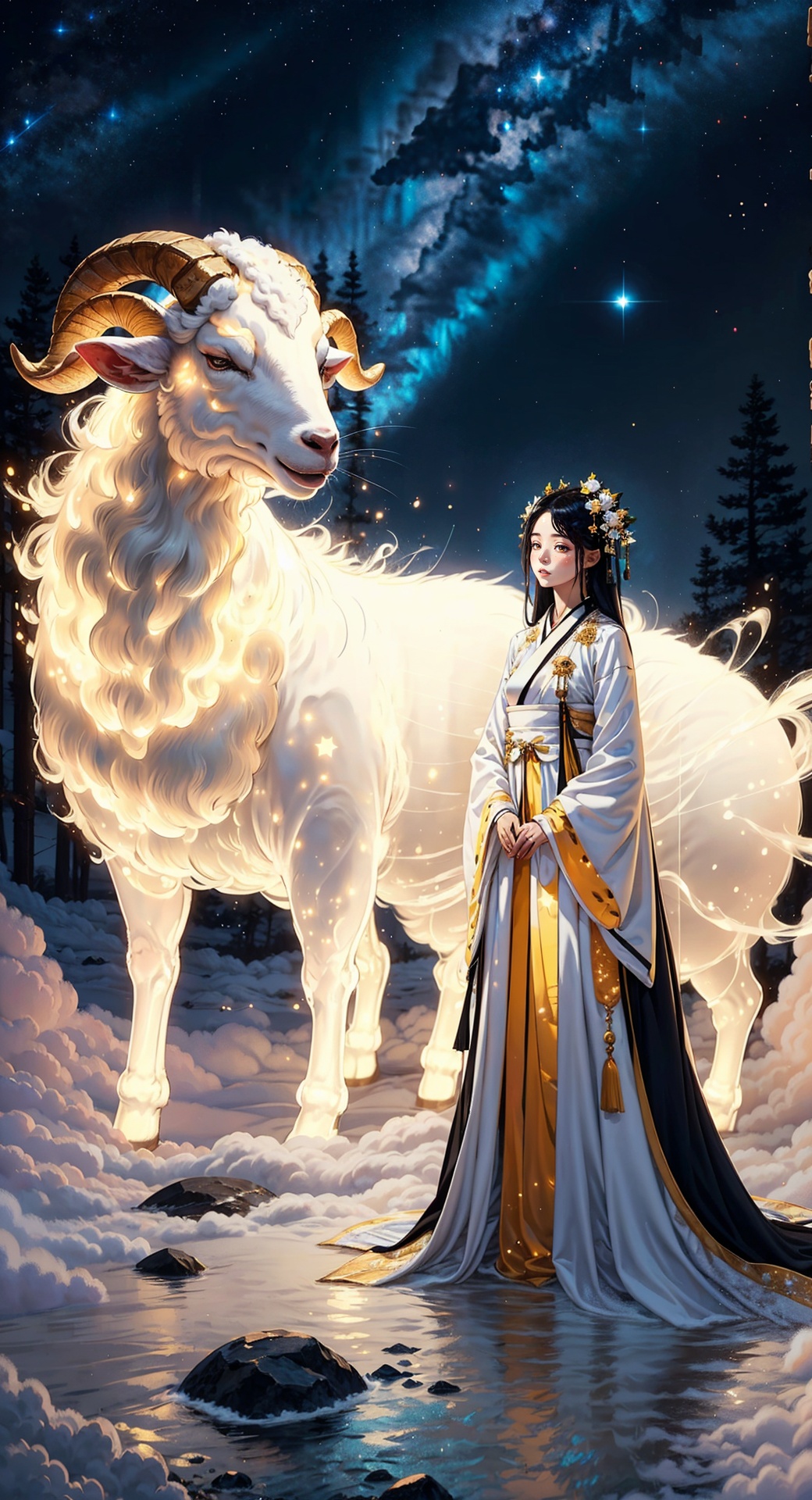 A girl in Hanfu, embroidered dress, standing next to a white goat. Black long hair, Northern Lights. The background is an endless starry sky, dotted with stars, beautiful and mysterious. Starry sky, shining like goats, twinkling stars, mysterious, charming, universe, heaven, dreamy, ethereal, tranquil, detailed details, masterpiece, high-quality
