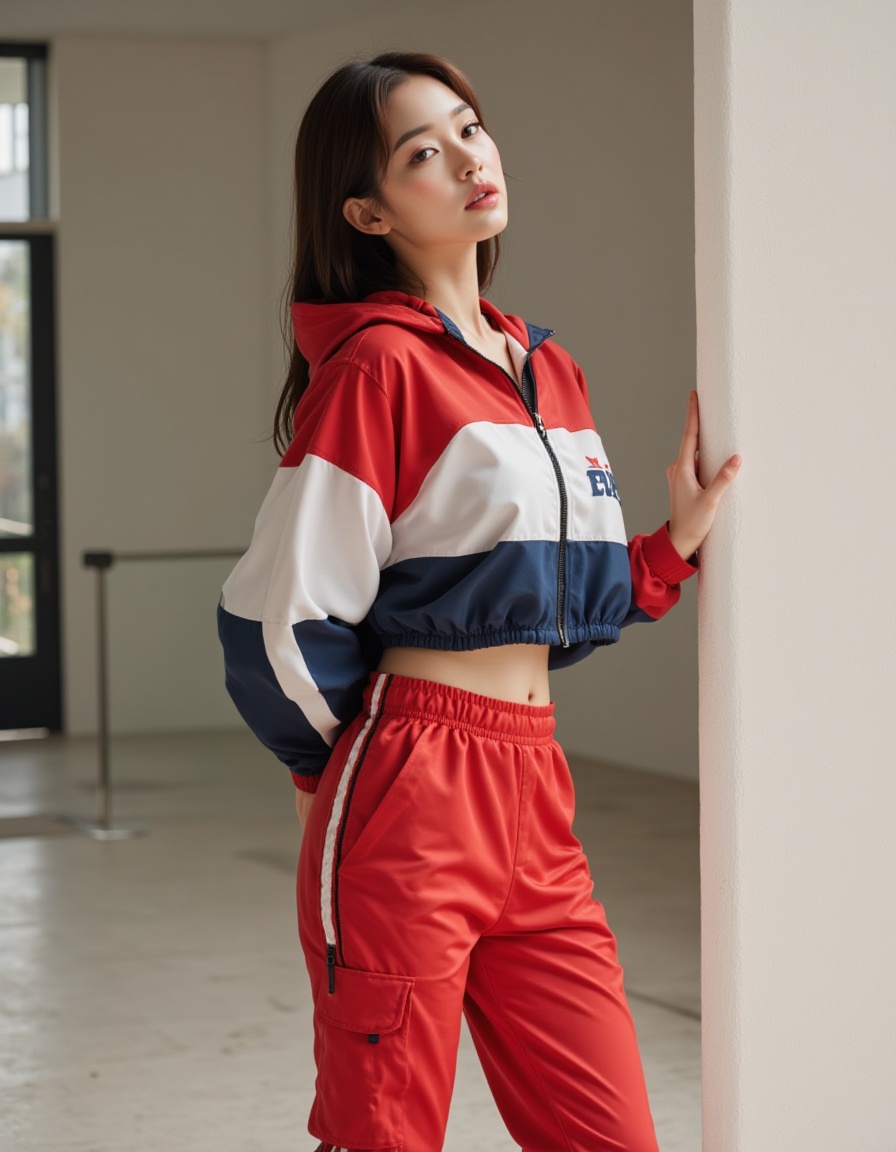 a real picture of a south korea woman,In Cropped windbreaker and track pants with side snaps,