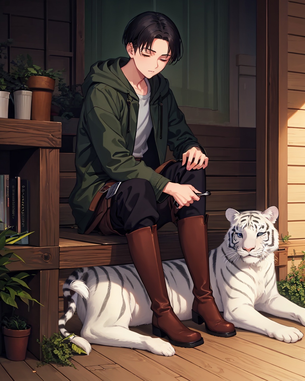 masterpiece,best quality, highly detailed, levi (shingeki no kyojin),sleeping, 2boys, barefoot, male focus, jacket, shoes removed, boots removed, paradis military uniform, white tiger,<lora:levi_(shingeki_no_kyojin):1>