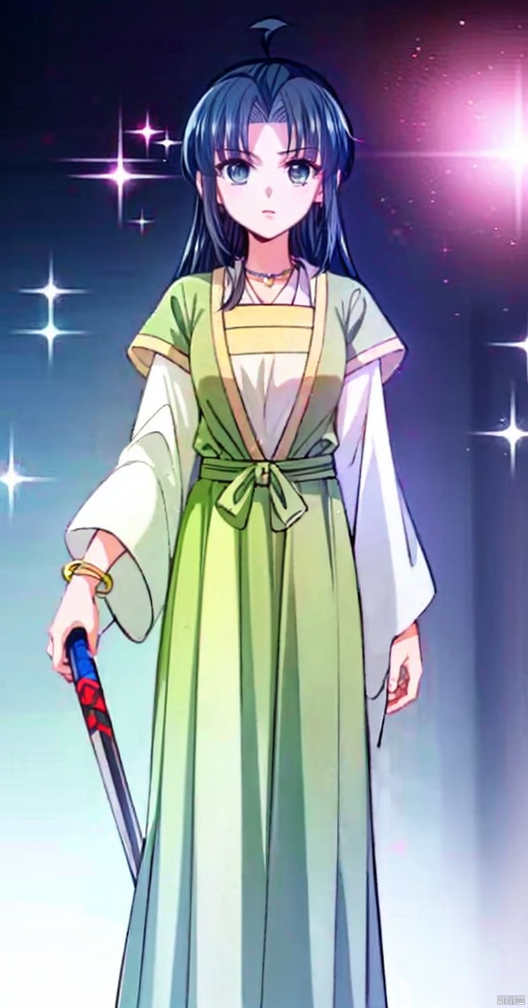 1girl, solo, long hair, blue eyes, black hair, hair ornament, dress, jewelry, standing, weapon, ahoge, sword, wide sleeves, bracelet, sparkle, green dress<lora:EMS-151900-EMS:0.600000>, <lora:EMS-422794-EMS:0.800000>