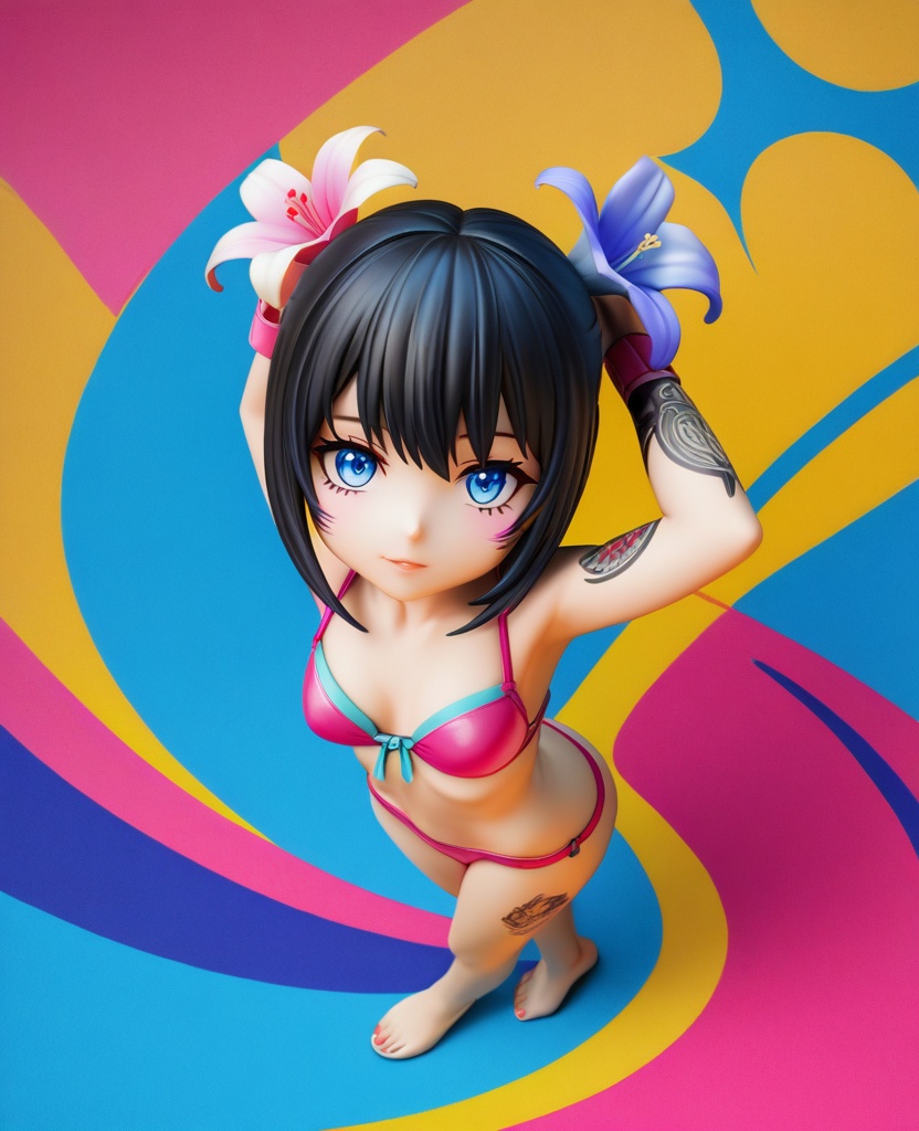 (,1girl, ,best quality, ),looking at viewer,  ,,ultra detailed background,ultra detailed background,ultra realistic 8k cg,, ,masterpiece, (( , )),ultra realistic 8k cgSurrounded by strange, movie perspective, advertising style, Colorful background, splash of color A beautiful woman with delicate facial features,tattoo all over body, flower arms,from above,