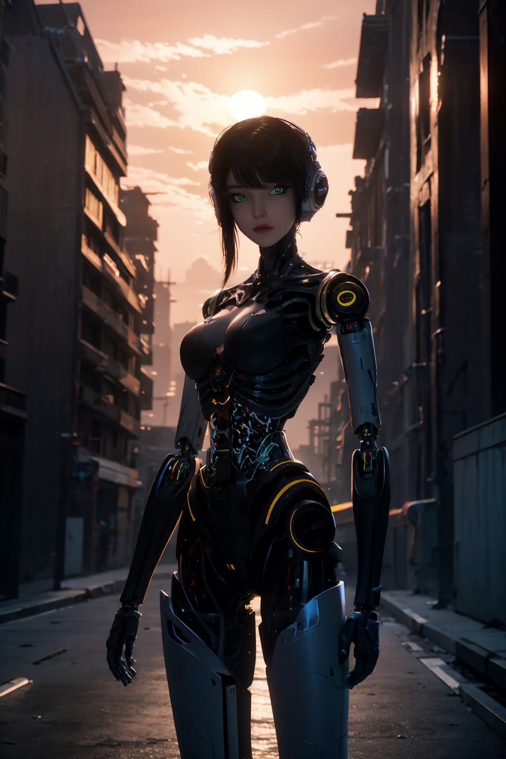 ash,1girl,green eyes,android,black hair,looking at viewer,robot joints,solo,breasts,mechanical parts,short hair,joints,cyborg,blurry background,lips,medium breasts,science fiction,cyberpunk,bangs,cable,depth of field,desolate,ruins,war,smoke,apocalypse,guns,fight,dusk,outdoor,sunset,broken bridges,destroyed cities,