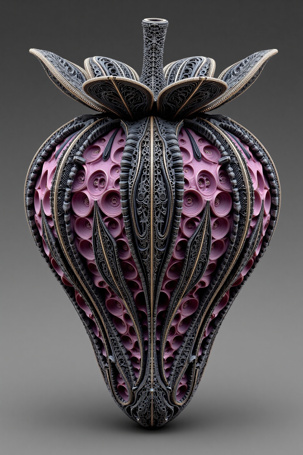 beijihui,a vibrant purple heart-shaped vase is adorned with a intricate black and gold design. The vase's face is encircled by a black ribbon,adding a pop of color to the scene. The background is a solid gray,creating a stark contrast to the vase.,