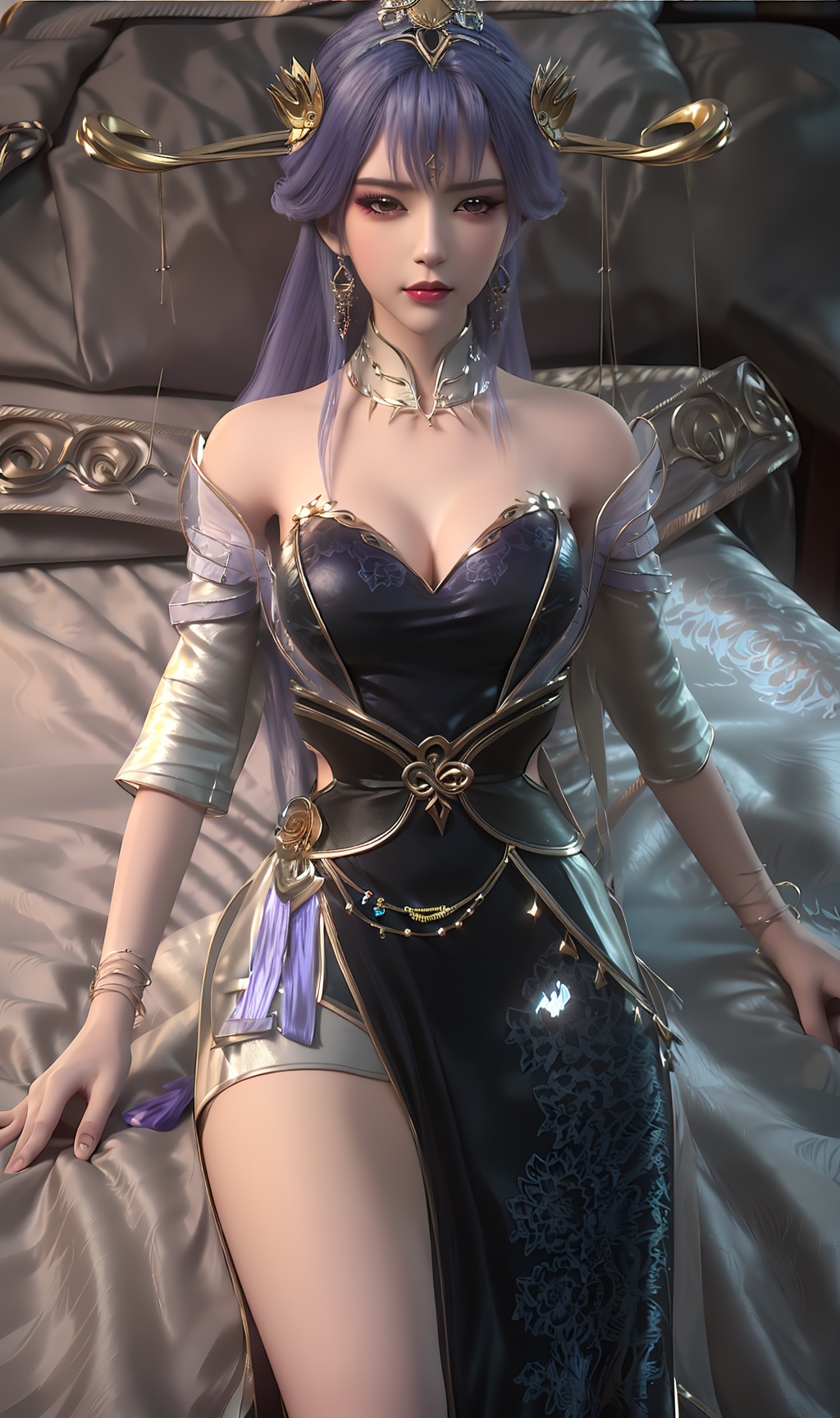 3D,masterpiece,(best quality),(makeup),official art, extremely detailed cg 8k wallpaper,((crystalstexture skin)), (extremely delicate and beautiful),(highly detailed),(face),(1girl), (solo), (jewelry), (earrings),(purple_hair),(long_hair),(hair_ornament),(handwear),(breasts),(sitting),(collar),(headgear),(tassel),(long_sleeved),(detached_sleeves,(facial_mark),(bangs),(bracelet),,((tiara)),(hairpin),((crown)),,((upper_body)),(dress),,(multicolored_clothes),(multicolored_dress:1.000),(closed_mouth),(traditional_clothes:1.000),((long_dress,long_skirt)),,(gown),(shiny_clothes),(closed_mouth),(sunshine, outdoor,bed),((looking_at_viewer)),((Facing the camera)), (long_legs),, <lora:hipoly3DModelLora_v10:0.3>