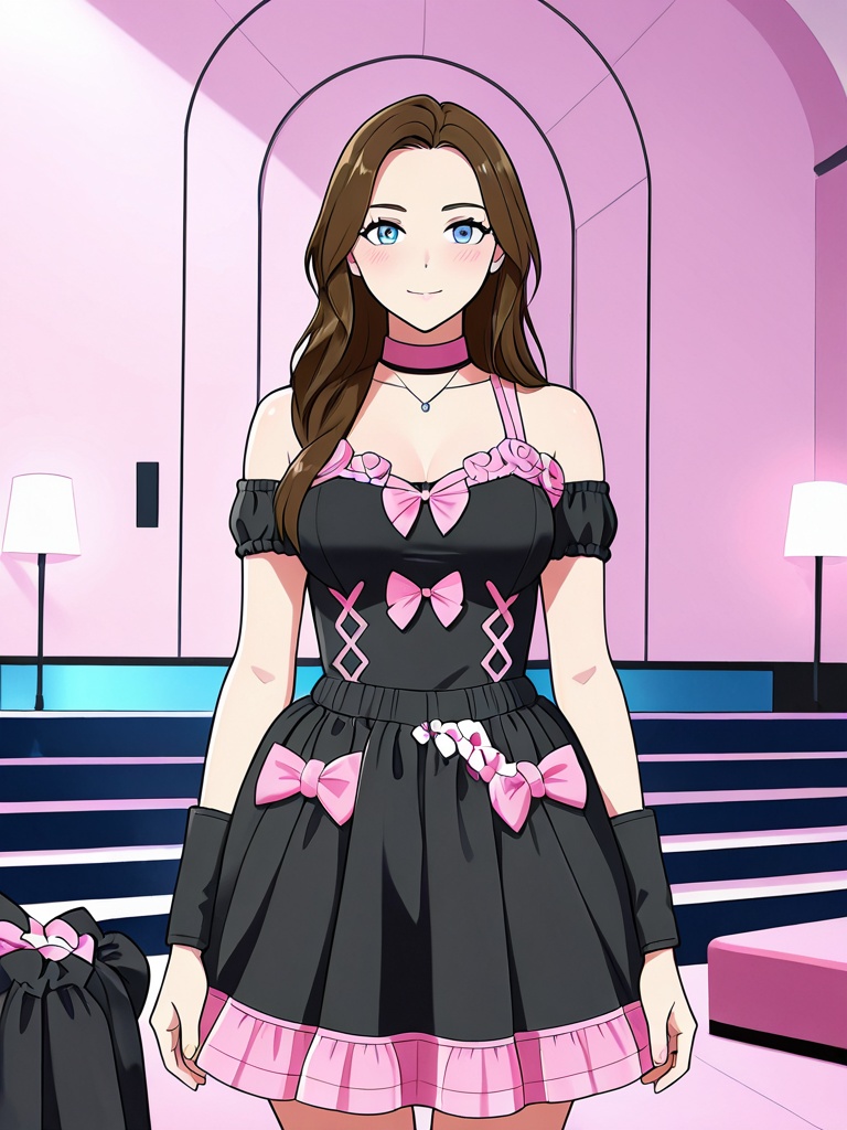 pinkandblackdresswithbows,  three-quarter view a beautiful young brunette woman with deep hazel eyes wearing a sexy black...