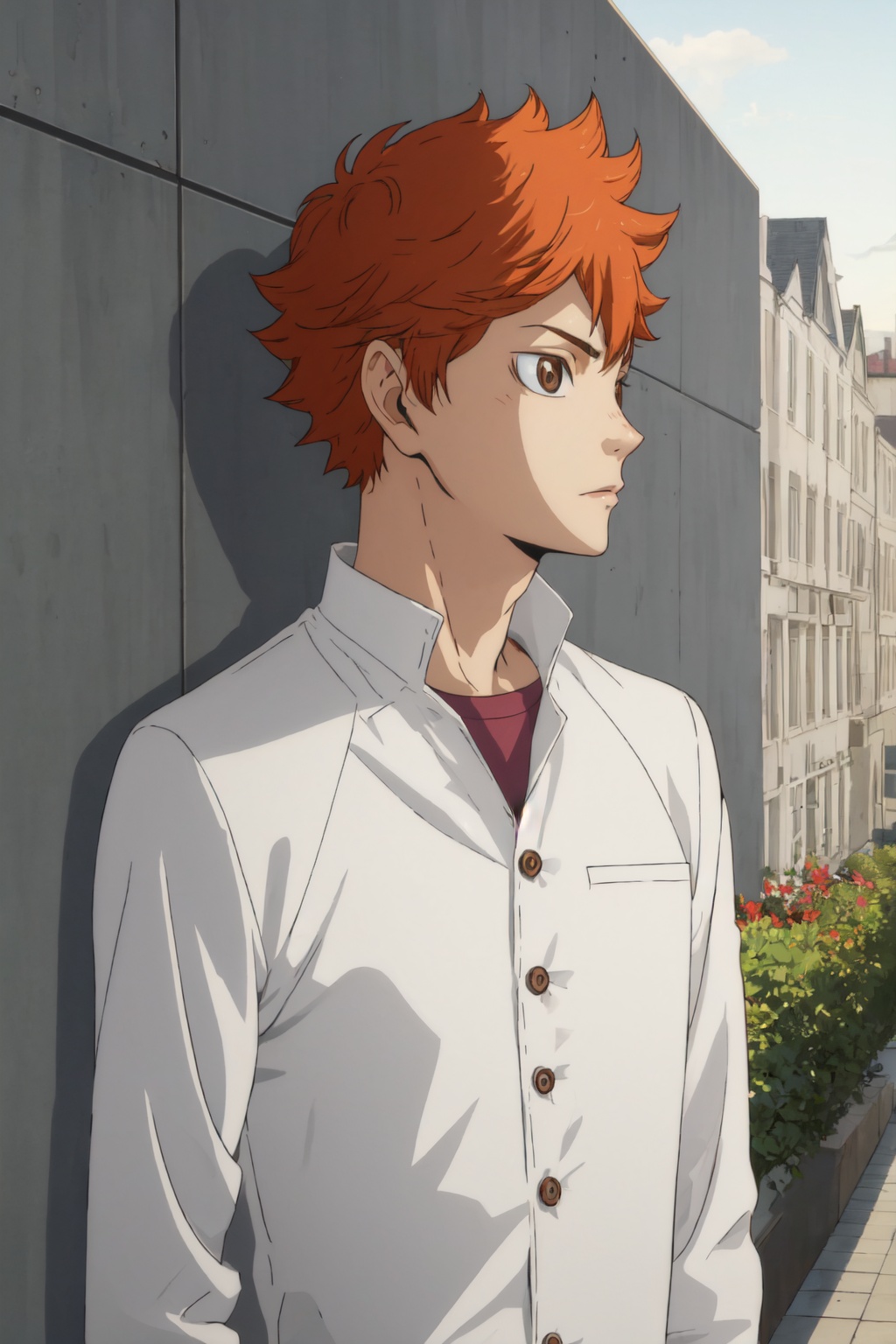 <lora:Hinata:0.8>,Hinata CYQL,1boy,male focus,looking at viewer,solo,orange hair,short hair,brown eyes,burgundy suit, white dress shirt, paisley tie, brown leather oxfords,smug,upper_body,front view,Two cribs, Matching decor, Personalized wall art, Twin mobiles, Coordinating bedding,masterpiece,best quality,