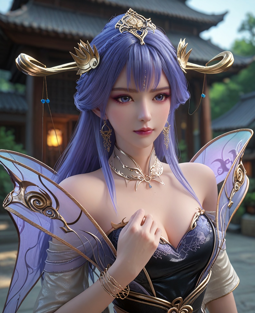 (oriental architecture, elegant decor, sophisticated style:1.1),(Bending down to tie shoelaces, with a puppy or pet eagerly watching and playing,:1.1),(breasts:1.2),<lora:XL百炼成神天穹:0.9>,miss tianqiong,jewelry,long hair,hair ornament,bangs,blue hair,dress,earrings,bare shoulders,purple eyeshadow,blue eyes,bracelet,cleavage,boots,detached collar,, zPDXL2, score_9, score_8_up, score_7_up BREAK realistic, masterpiece,best quality, highly detailed,, zPDXL3, zPDXL2,zPDXL, zPDXLxxx, zPDXLrl,