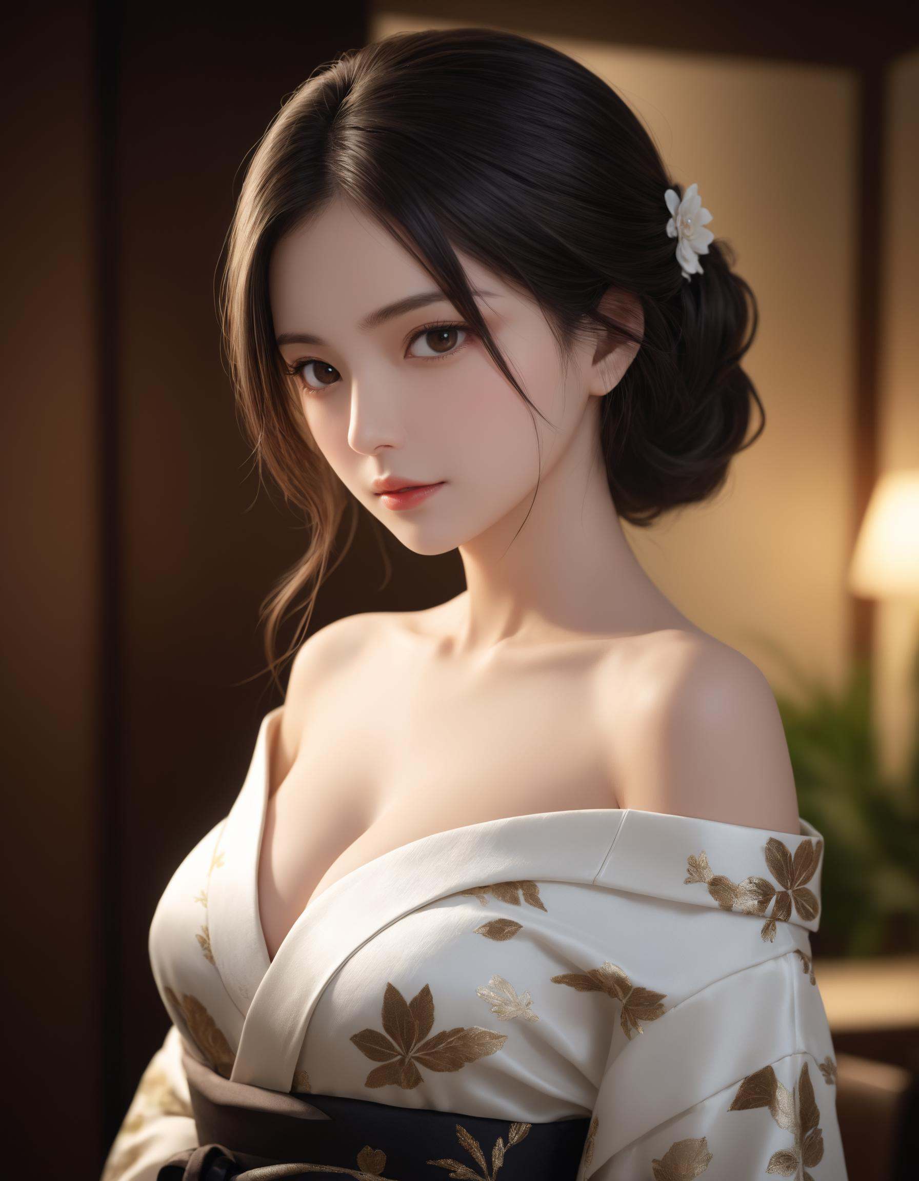 Depth of field. Upper body shot. . 1woman. Solo. :o. Contrapposto. Looking at viewer. . Detailed dark-brown eyes. Tareme....