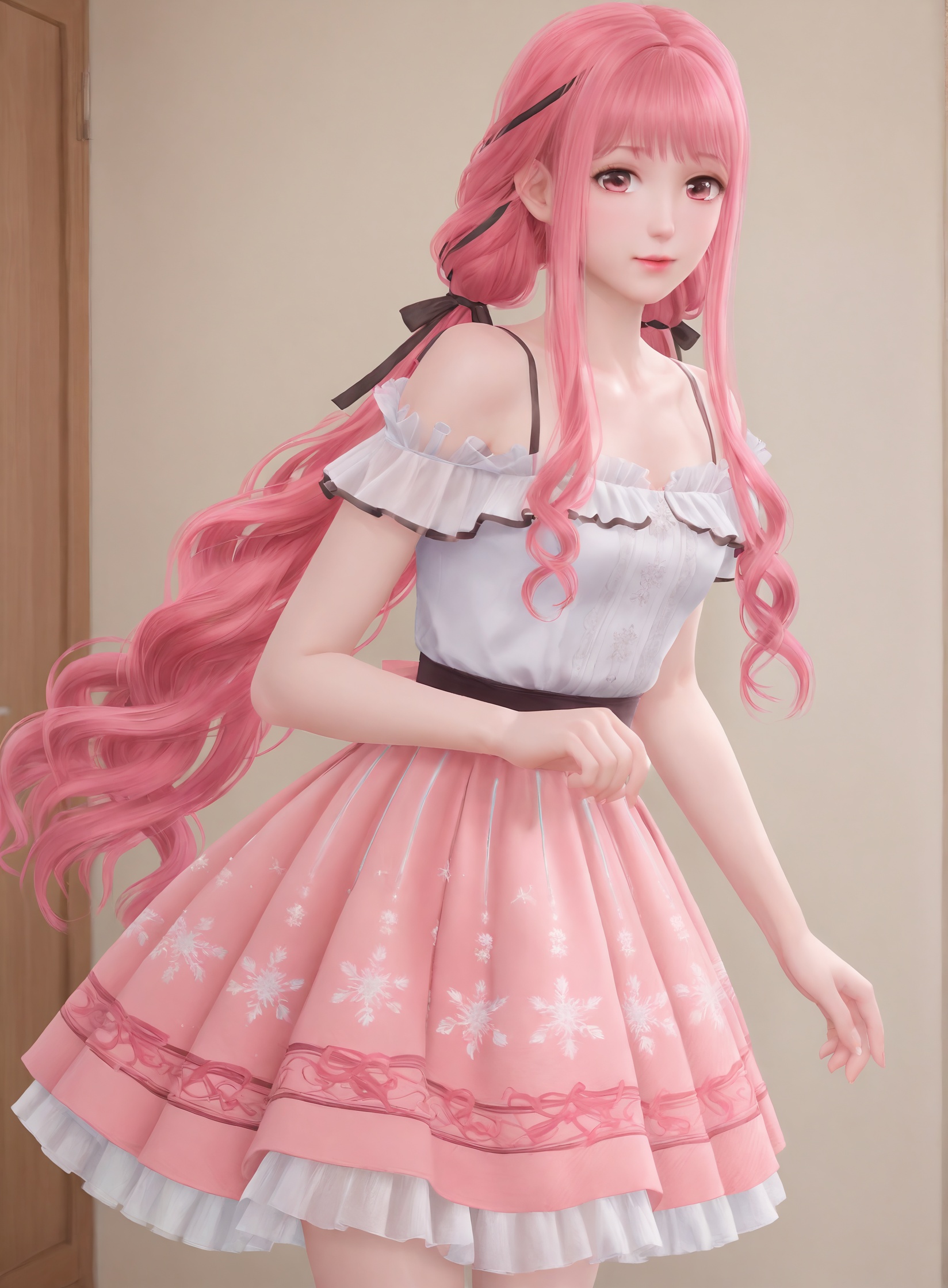 <lora:暖暖pony a:0.5>,realistic,mature female, wavy hair,hair ribbon,nikki_(nikki),twintails, pink hair,very long hair,