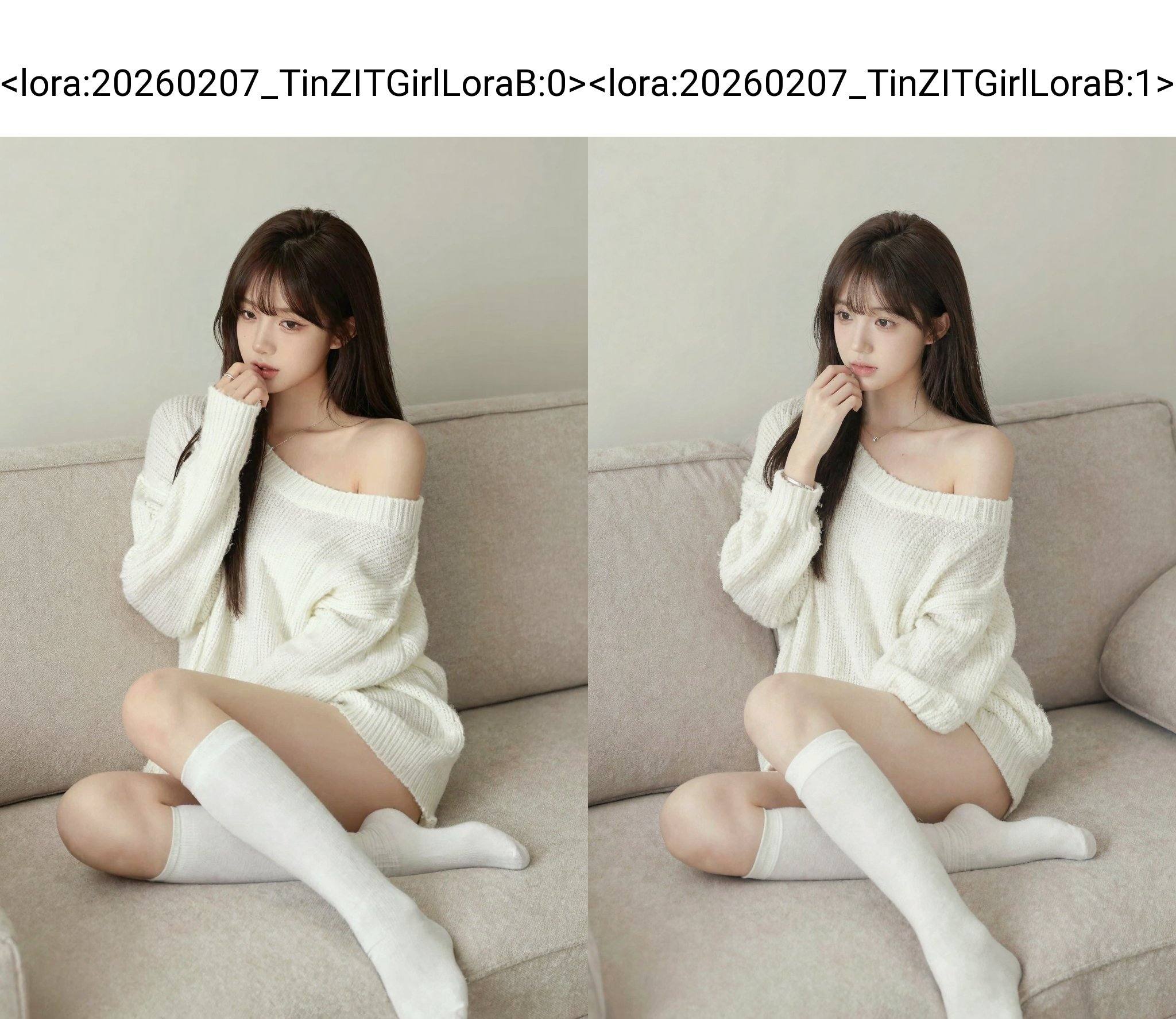 <lora:20260207_TinZITGirlLoraB:0>, This is a high-resolution photograph of a young Asian woman sitting on a beige sofa in a minimalist, well-lit room. She has a fair complexion, long, straight dark brown hair with bangs, and a slender physique. She is wearing an oversized, off-the-shoulder white knit sweater that drapes loosely over her shoulders and arms, revealing her collarbone and upper chest. Her long legs are bare except for white thigh-high socks that reach just below her knees. She accessorizes with a silver bracelet on her right wrist and a delicate necklace around her neck. Her expression is soft and slightly contemplative, with her right hand resting near her lips, and her left hand resting on her thigh. The background is simple, featuring a neutral-colored wall and a beige sofa with a textured fabric. The overall aesthetic of the image is modern and minimalistic, emphasizing the subject's delicate features and the soft, cozy texture of her sweater.