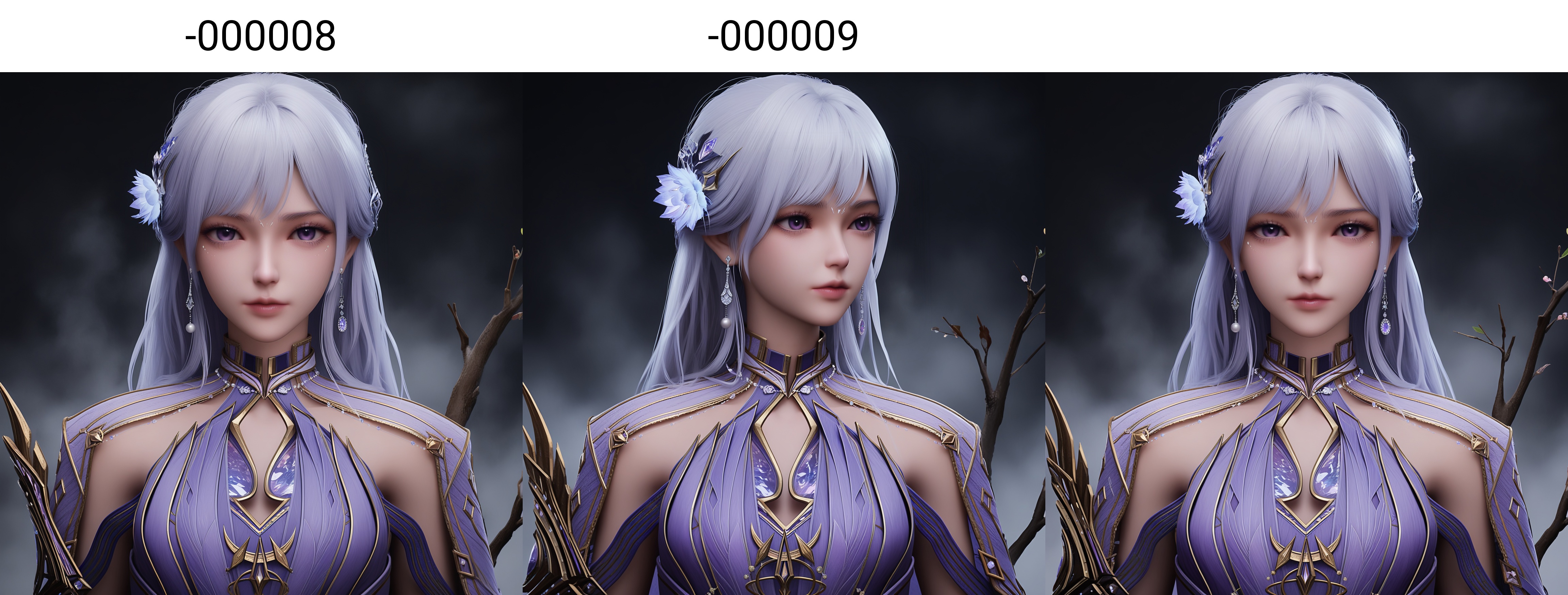 (score_9),masterpiece,best quality,absurdres,highres,(white_skin),light_skin,BREAKcollarbone,<lora:彩儿-ill-000008:0.83>,caier,1girl,solo,long hair,hair ornament,jewelry,earrings,hair flower,purple eyes,white hair,looking at viewer,front view,upper body,BREAKsimple background,black background,Tyndall effect,fog,branch,twig,