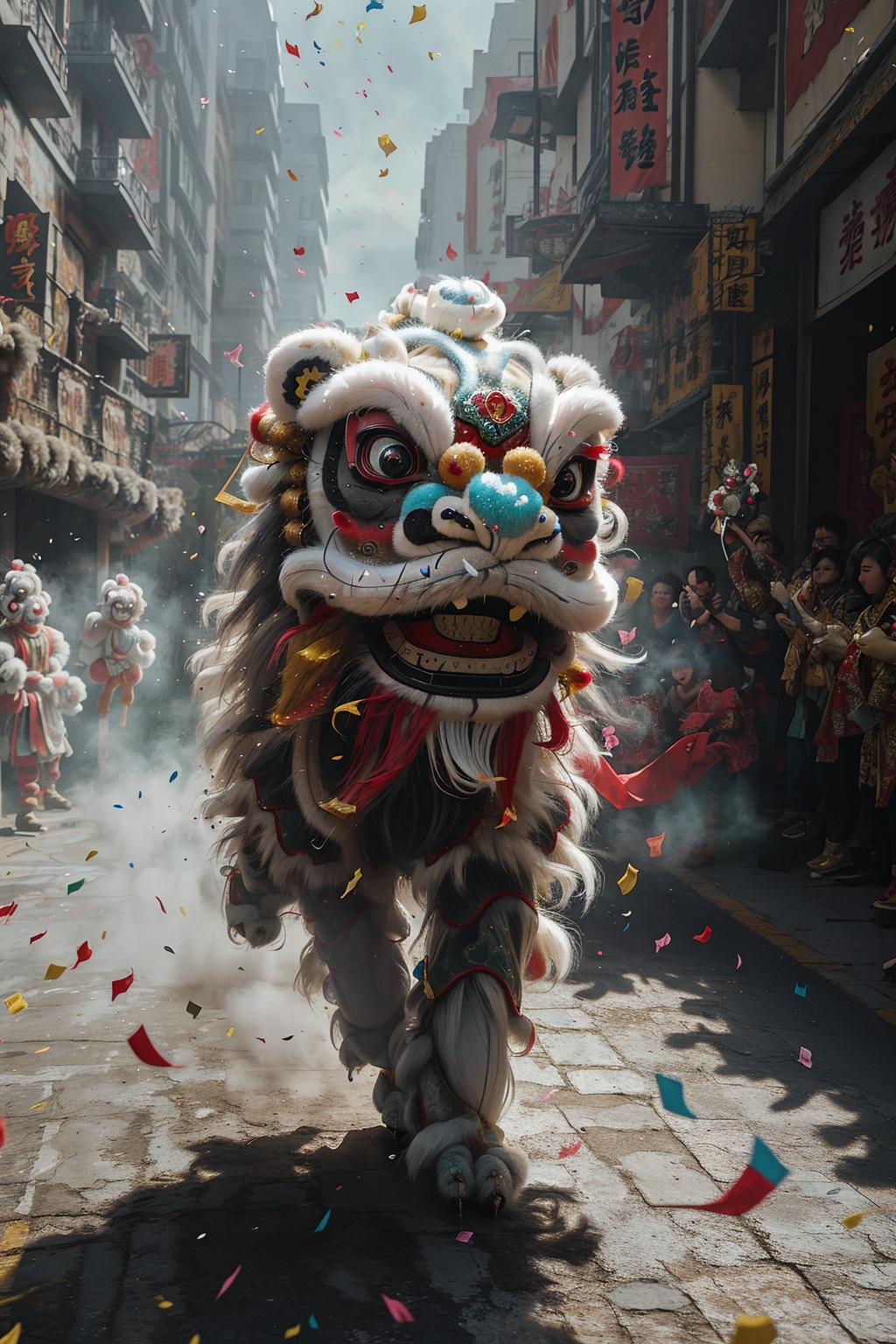 black Chinese lion dance,solo,confetti,colorful,outdoors,no humans,full body,blurry,day,wind,<lora:xingshi-000008:0.6>,festive atmosphere,, masterpiece, best quality,