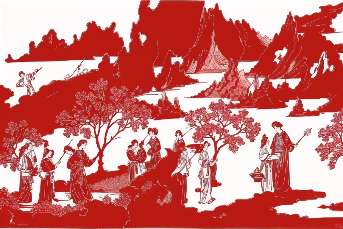 ((HRD, HUD, 8K)),((masterpiece, best quality)), highly detailed,paper-cut, monochrome, red theme, white background, simple background, 4girls, 3boys, mountain, water,  <lora:20231226-1703580387565:1>