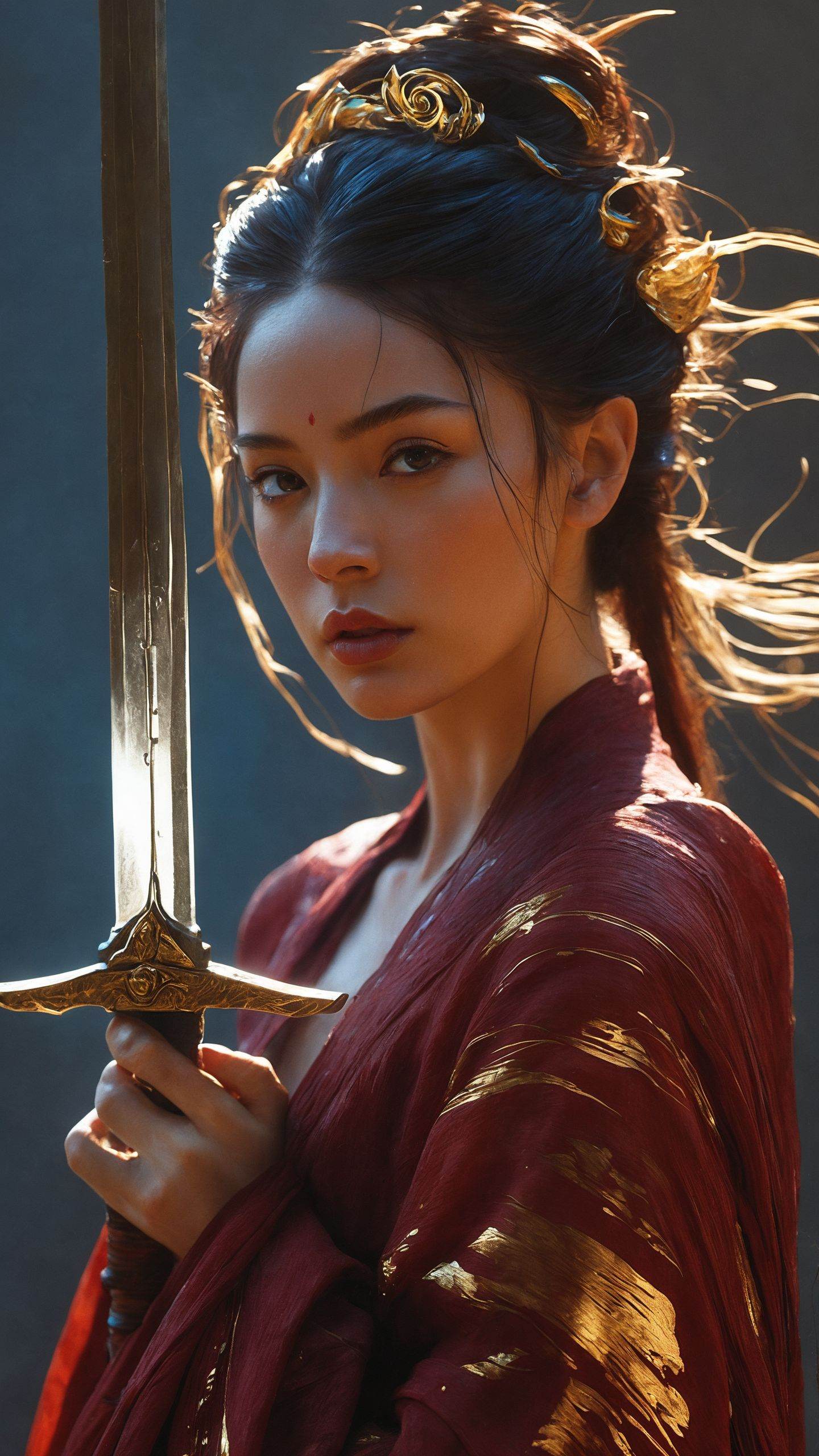 ultra high resolution,(((masterpiece))),(((best quality))),((super detailed)),((extremely delicate and beautiful)),cinematic light,detailed environment,(real),(1girl, solo:1.3),(holding sword:1.2),(dark red and light gold:1.3),(hair pulled back, floating hair:1.1),designed by greg manchess,smoke,a model woman,bright eyes,glossy lips,futuristic gold face war paint,trending on art station,photoreal,8 k,octane render by greg rutkowski,art by Carne Griffiths and Wadim Kashin,in the style of Dau-al-Set,Pollock,and inspired by MAPPA and Zdzislaw Beksinski,hanfu,
