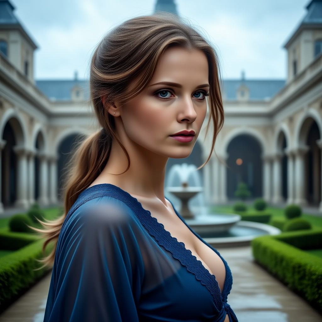 This is a high-quality digital photograph of a young woman standing in a luxurious,  classical-style courtyard. She is pos...