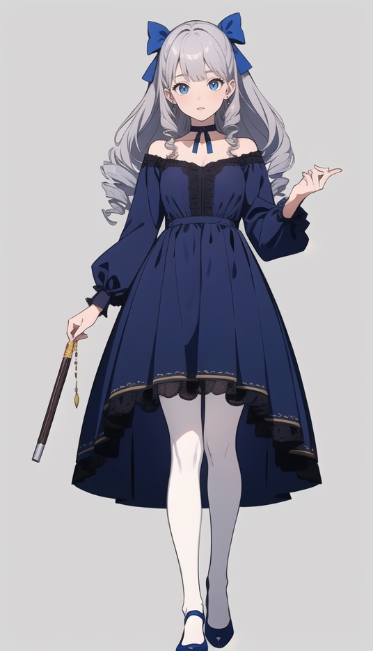 (best quality), ((masterpiece)), (highres), illustration, original, extremely detailed,1girl, solo, dress, pantyhose, hand fan, white background, bow, full body, simple background, blue eyes, grey hair, long hair, folding fan, black pantyhose, long sleeves, blue dress, hair bow, jewelry, choker, looking at viewer, drill hair, standing, bangs, holding