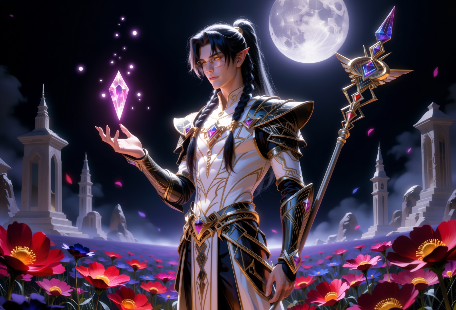 A tall,  lean High Elf male Cleric stands in a vast,  open field of Life and Death on Tensor.Art