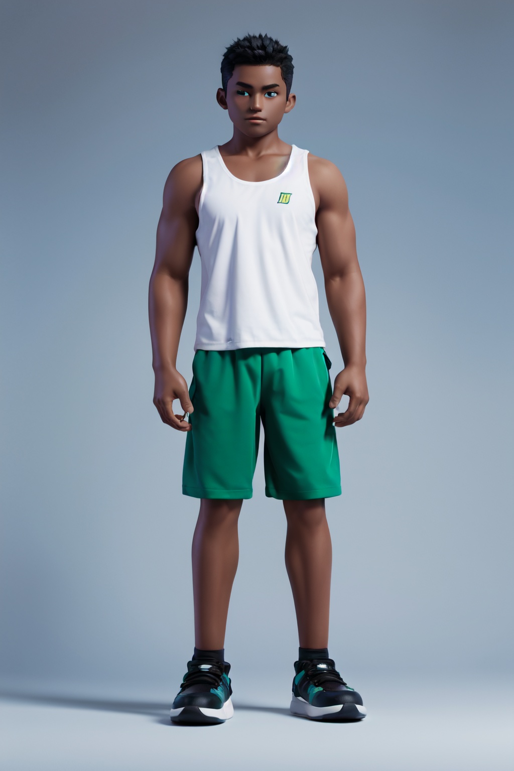 Best quality,masterpiece,ultra high res,yuan_3D_character, dark skin, solo, dark-skinned male, exercise, shorts, black hair, male focus, 1boy, weightlifting, white background, **** top, shoes, green shorts, simple background, <lora:3D_character_v1.0:0.8>,