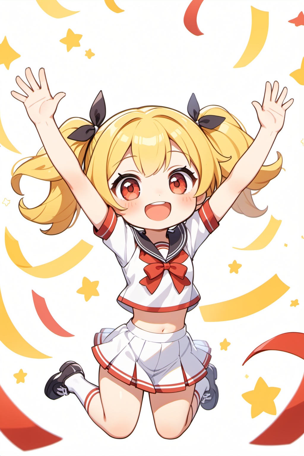 chibi,yellow hair,red eyes,twintails,white cheer girl's uniform,black ribbon,bangs,solo welcome pose,happy,celebrate,stretching hands,raise hands,say hello,(((jump up))),dynamic angle,white background,, masterpiece,best quality,very aesthetic,absurdres,