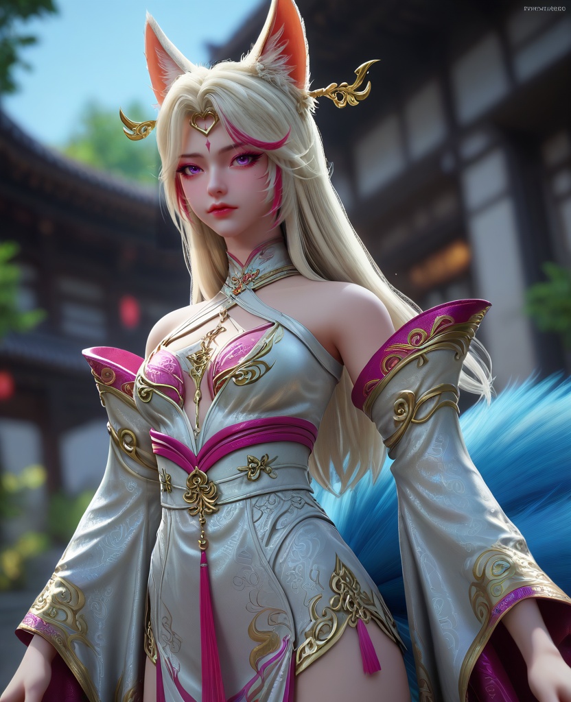 (oriental architecture, elegant decor, sophisticated style:1.1),(Standing, hands on the hips, leaning slightly backward,:1.1),(breasts:1.2),<lora:XL16克金玩家小狸九尾:0.95>,fox girl,white china dress,purple eyes,facial mark,white hair,pink streaked hair,long hair,fox ears,hair ornament,multiple tails,wide flowing sleeves,pink bra,eyelashes,sharp red fingernails,see-through fart curtain,, zPDXL2, score_9, score_8_up, score_7_up BREAK realistic, masterpiece,best quality, highly detailed,, zPDXL3, zPDXL2,zPDXL, zPDXLxxx, zPDXLrl,