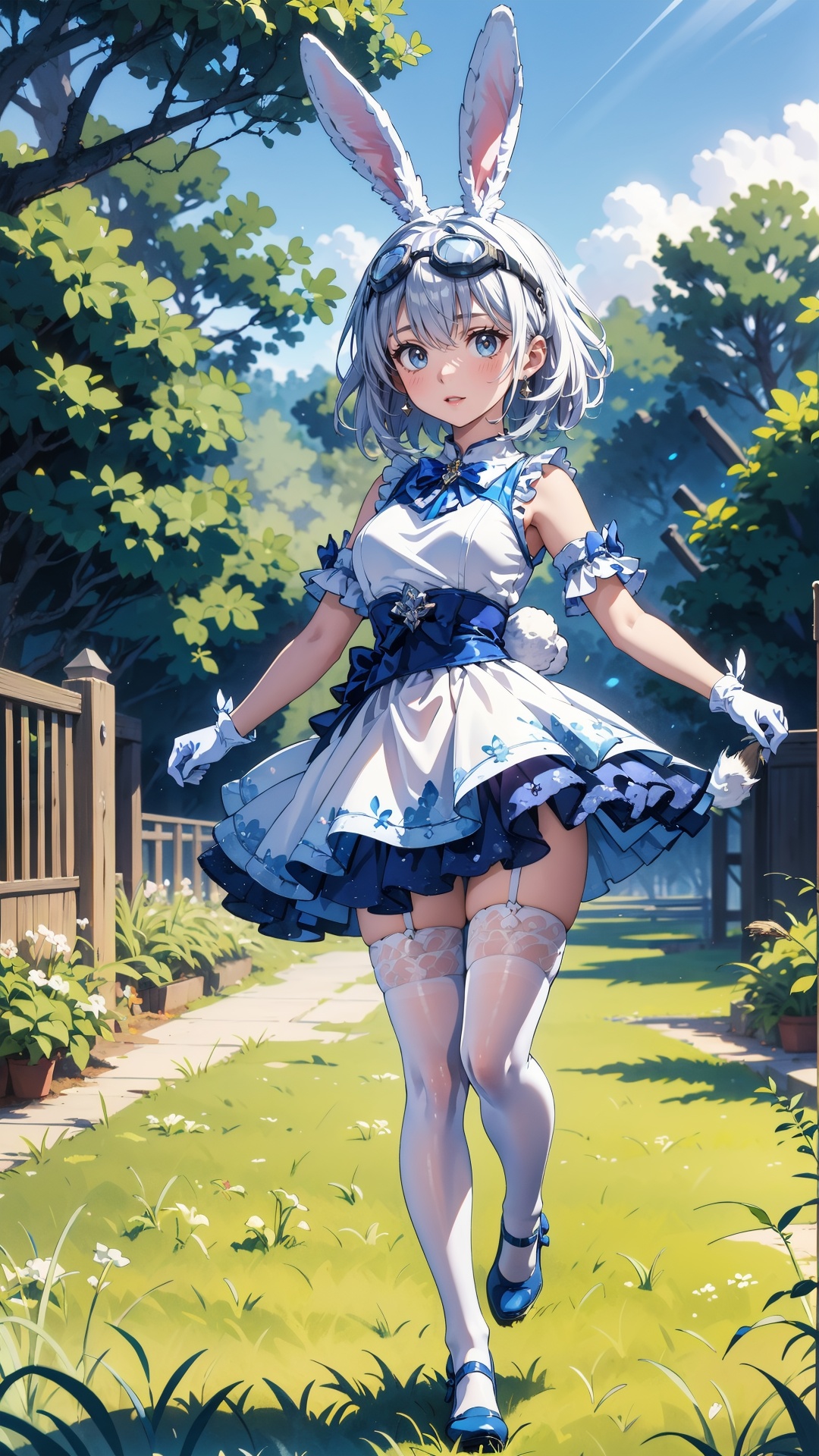 tutututu,1girl,solo,rabbit ears,white dress,white gloves,blue footwear,goggles on head,sleeveless dress,bangs,blue bow,white hair,short hair,white thighhighs, <lora:SY-000010:0.7>,Adventure in the Park (Image:1girl and puppy  running through a grassy field),acrylic painting,trending on pixiv fanbox,palette knife and brush strokes,style of makoto shinkai jamie wyeth james gilleard edward hopper greg rutkowski studio ghibli genshin impact,