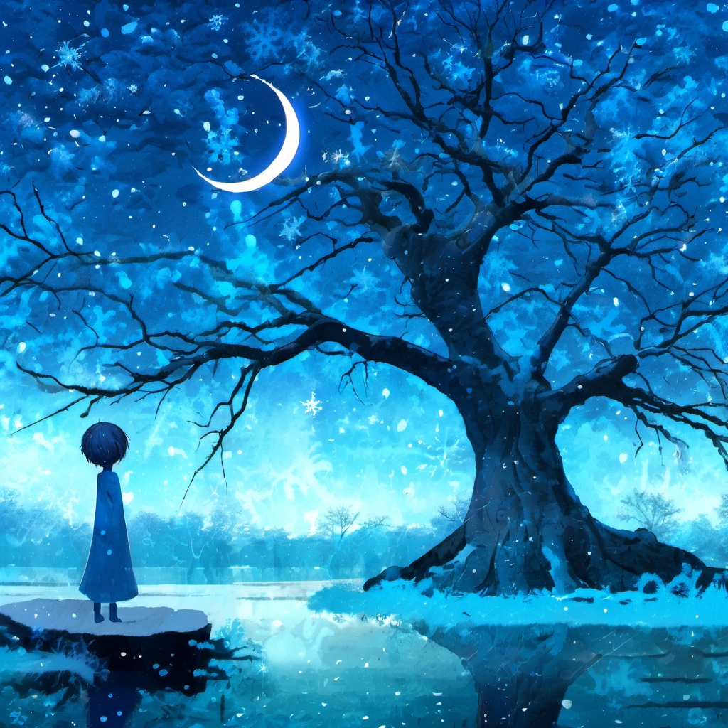 <lora:star_xl_v1:1>,The image showcases a serene nighttime landscape. Dominating the scene is a large, leafless tree with intricate branches, standing tall against a backdrop of a starry sky. Snowflakes are scattered throughout the sky, and there's a crescent moon visible. The ground is reflective, possibly a body of water, and a small figure, possibly a child, stands near the tree's base, gazing up at the celestial wonders. The overall color palette is dominated by shades of blue, creating a cold and ethereal atmosphere., tree, sky, snowflakes, moon, water, figure