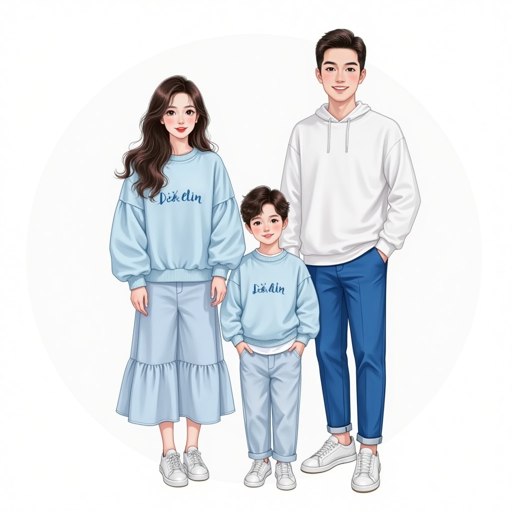 Family photo,mom and dad a son,a girl,wearing light blue line of clothes,all wearing sneakers,