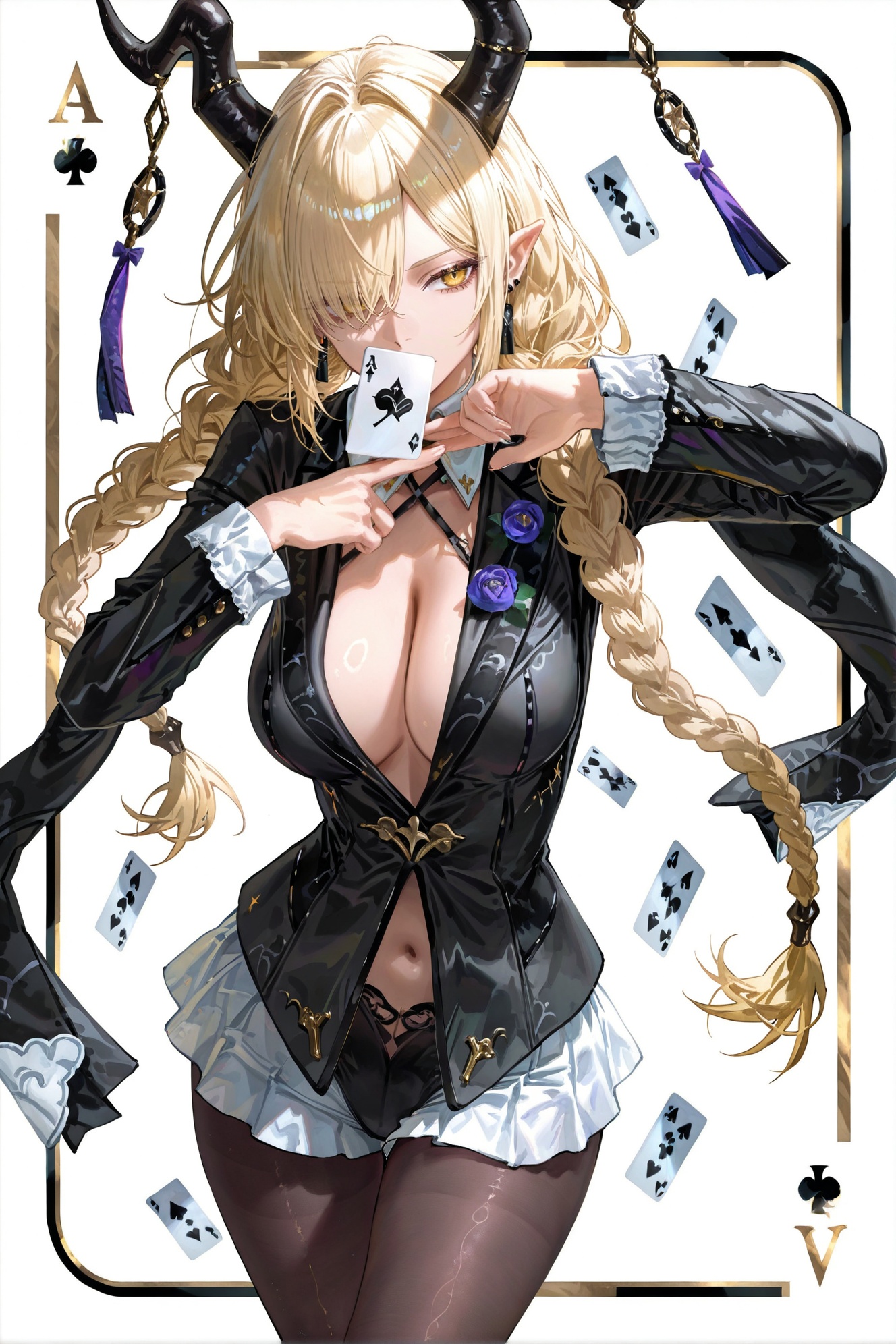 Poker background,poker design,real poker,ace,♠️A,White background,simple background,white theme,folds,close your mouth,poker card,card,solo,monochrome,poker Poker ♥,Trump card,card,poker,ace (playing card),joker_(playing_card),((artist:betabeet)),artist:john_kafka,artist:nixeu,artist:quasarcake,((artist:reoen),(artist:fuzichoco),(artist:atdan),(artist:torino_aqua),year 2024:0.8),(by xilmo, by modare, by reoen:1.1),(hyperrealistic:1.1),(high_contrast:1.1),(holy_(\theme\):1.2),(card_\(theme\):1.1),solo,(white-color-scheme:1.1),Character card,thick line,solo,card border,frame pattern,facial lighting,",Poker,<lora:yixuan-moxin-ill-Tanger:0.9>,clothes: moxing black suit,white  ruffled underdress peeks,attached auxiliary sleeves,black pantyhose,moxing black suit jacket,<lora:wzhang-devil-noob-Tanger-000014:0.8>,Owari,1girl,breasts,pointy ears,horns,braid,hair over one eye,navel,long hair,hetero,jewelry,earrings,yellow eyes,twin braids,large breasts,blonde hair,