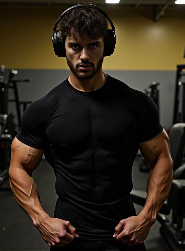 aaron owen ,  A detailed low-angle image. in exceptional quality. He is in a gym with a predominance of black and a little...