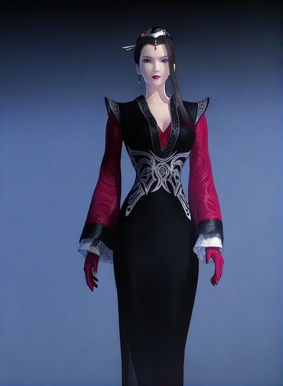 fair_skin,white_skin,score_9,<lora:SF_DaSiMing_Pony_Realism-000003:0.7>,black hair,black dress,long hair,hair ornament,1girl,breasts,medium breasts,standing,long sleeves,red gloves,solo,looking at viewer,simple background,cowboy_shot,