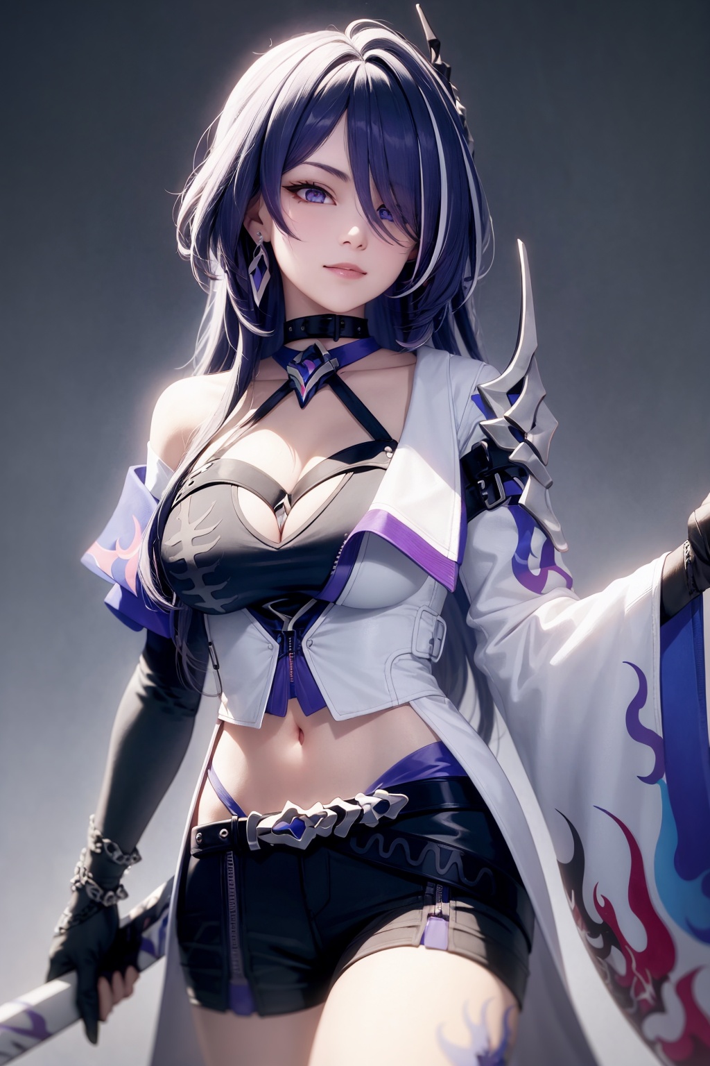 masterpiece, best quality, <lora:yomi:1>,1girl,solo,purple hair, long hair,hair over one eye, purple eyes, hair ornament, earrings,choker, bare shoulders,cleavage,crop top, armor,coat,long sleeves,detached sleeves,wide sleeves,black gloves, belt,black shorts,single thighhigh,thigh boots,sheath, katana,weapon, grey background, light smile,