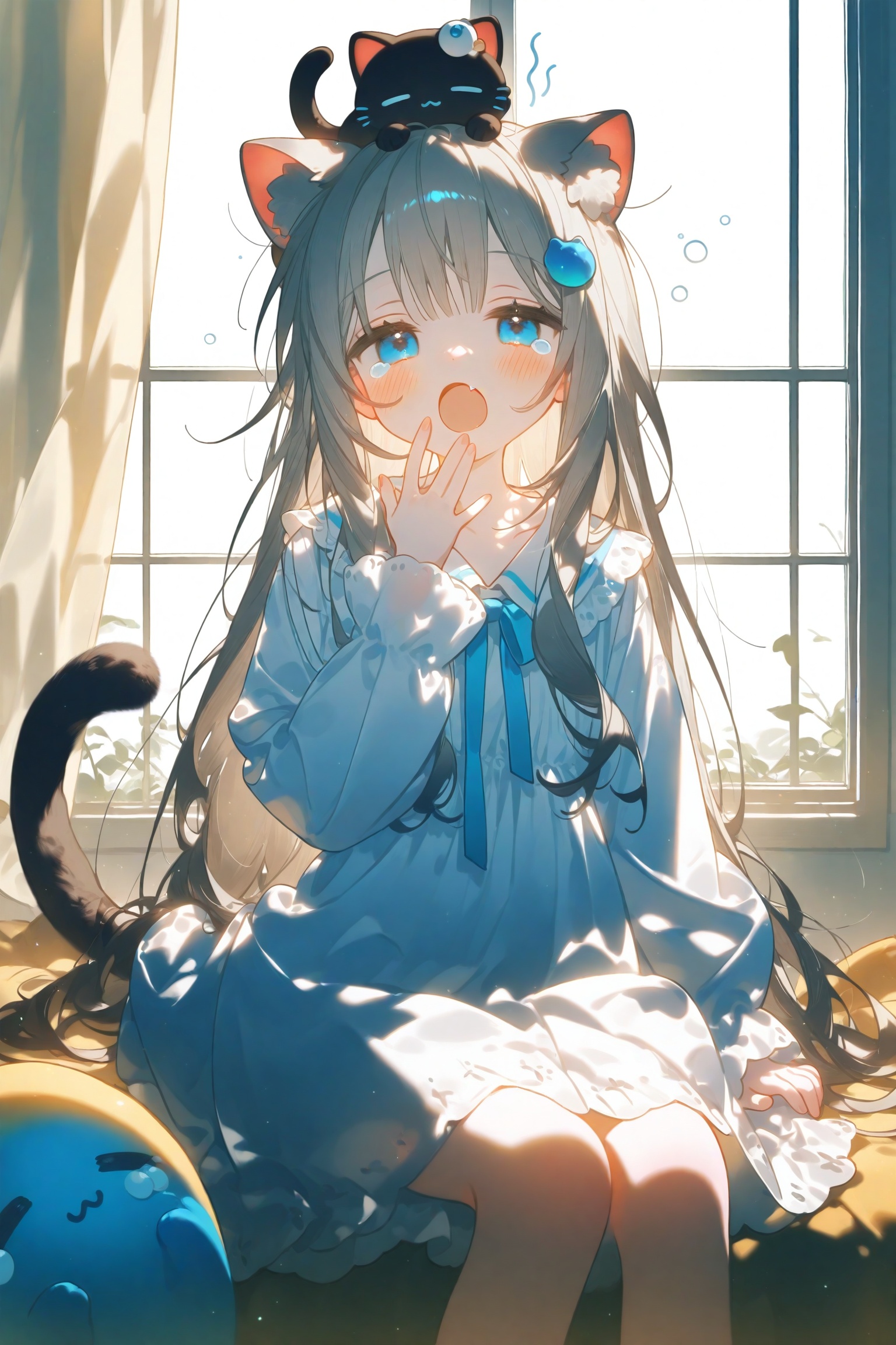konya666,1girl,animal ears,blue eyes,cat ears,cat girl,cat tail,creature,creature on head,curtains,dress,fang,grey hair,hair ornament,long hair,long sleeves,looking at viewer,open mouth,sitting,sleepy,tail,tears,virtual youtuber,white dress,window,yawning,