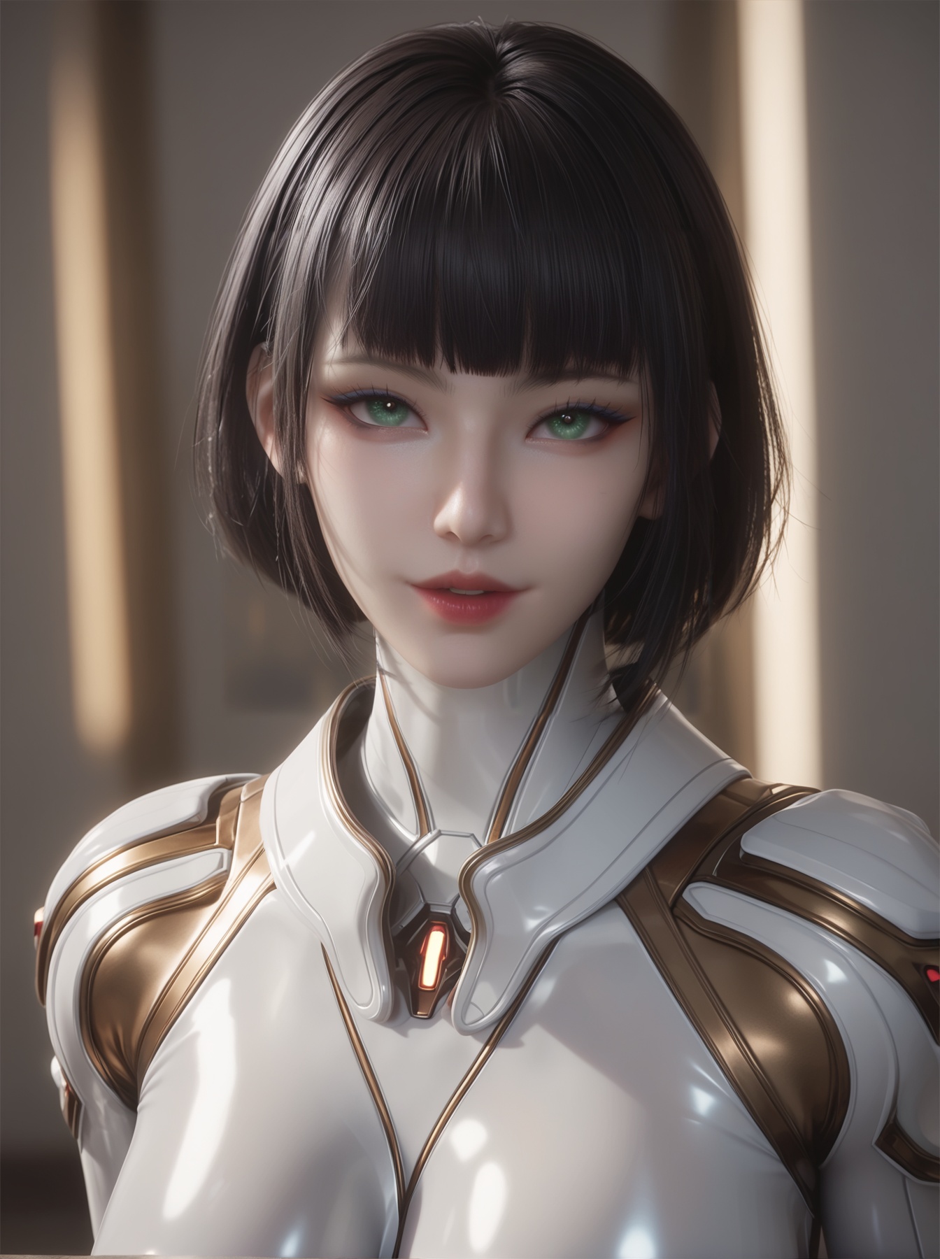 jiqing,<lora:jiqingXL:0.8>,looking at viewer,short hair,blunt bangs,bob cut,(smile:0.7),(parted lips:0.7),(open mouth:0.7),pale skin,green eyes,eyelashes,bodysuit,black hair,big breasts,portrait,looking at viewer,extremely detailed cg 8k wallpaper,cold color,score_9,score_8_up,score_7_up,(masterpiece, best quality, ultra-detailed, absurdres:1.4),8k resolution,32K UHD,ultra-high resolution,sharp focus,highly detailed,masterful details,in the style of fashion photography,with a high-end texture,(Dynamic Angle:1.2),(dynamic pose:1.2),Dynamic cinematic lighting,dramatic shadows,lim lighting,soft volumetric rays,god rays,chiaroscuro,contrasting light and shadow,neutral white balance,color-balanced,vivid colors,well-balanced contrast,desaturated yellows,reduce yellow cast,crisp details,A loft-style apartment with exposed concrete walls,where holographic neon flowers float above a minimalist desk. The girl lounges on a translucent chair,backlit by RGB strip lighting and a giant curved screen displaying abstract visuals. Macro details of glossy surfaces and light trails,cyberpunk-meets-industrial aesthetic. --ar 16:9 --v 6,