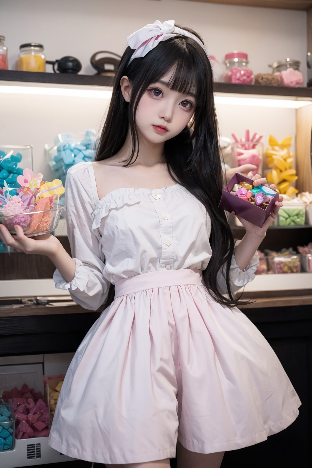 Cute young Japanese girl with long hair in a candy shop, shy, pastel color palette, anime style, detailed eyes, sweet and innocent expression, colorful array of candies, detailed clothing with ribbons and frills, high-quality, anime, pastel colors, sweet and innocent, detailed eyes, candy shop setting, monry in hand, shy demeanor, adorable, atmospheric lighting, wide view, full body shot, cos,