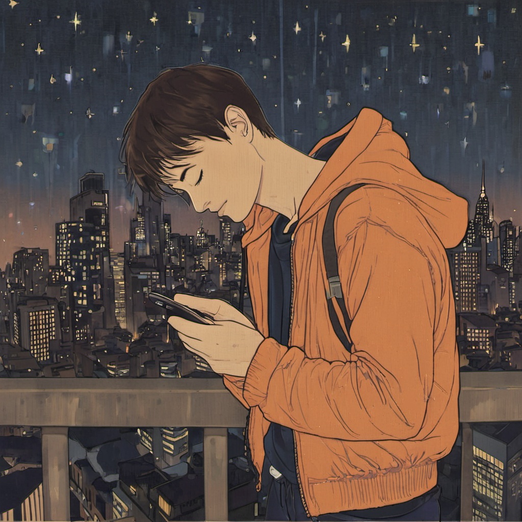 <lora:ukiyo-e_xl:1>,solo,short hair,brown hair,1boy,holding,jewelry,standing,jacket,closed eyes,male focus,outdoors,sky,pants,hood,bracelet,from side,hoodie,profile,night,phone,black pants,hood down,blue jacket,building,star \(sky\),night sky,starry sky,city,cityscape,earphones,skyscraper,shooting star,earbuds,city lights,1girl,cellphone,holding phone,a young individual,possibly a teenager,standing on a balcony overlooking a sprawling cityscape at night,the city is illuminated with a myriad of lights,with tall skyscrapers and modern buildings dominating the horizon,the sky is dotted with shooting stars,adding a touch of magic to the scene,the individual is wearing a hoodie and is holding a smartphone which displays a vibrant orange screen,serene yet bustling and capturing the essence of a city that never sleeps,young individual,balcony,skyscrapers,modern buildings,shooting stars,smartphone,负向提示