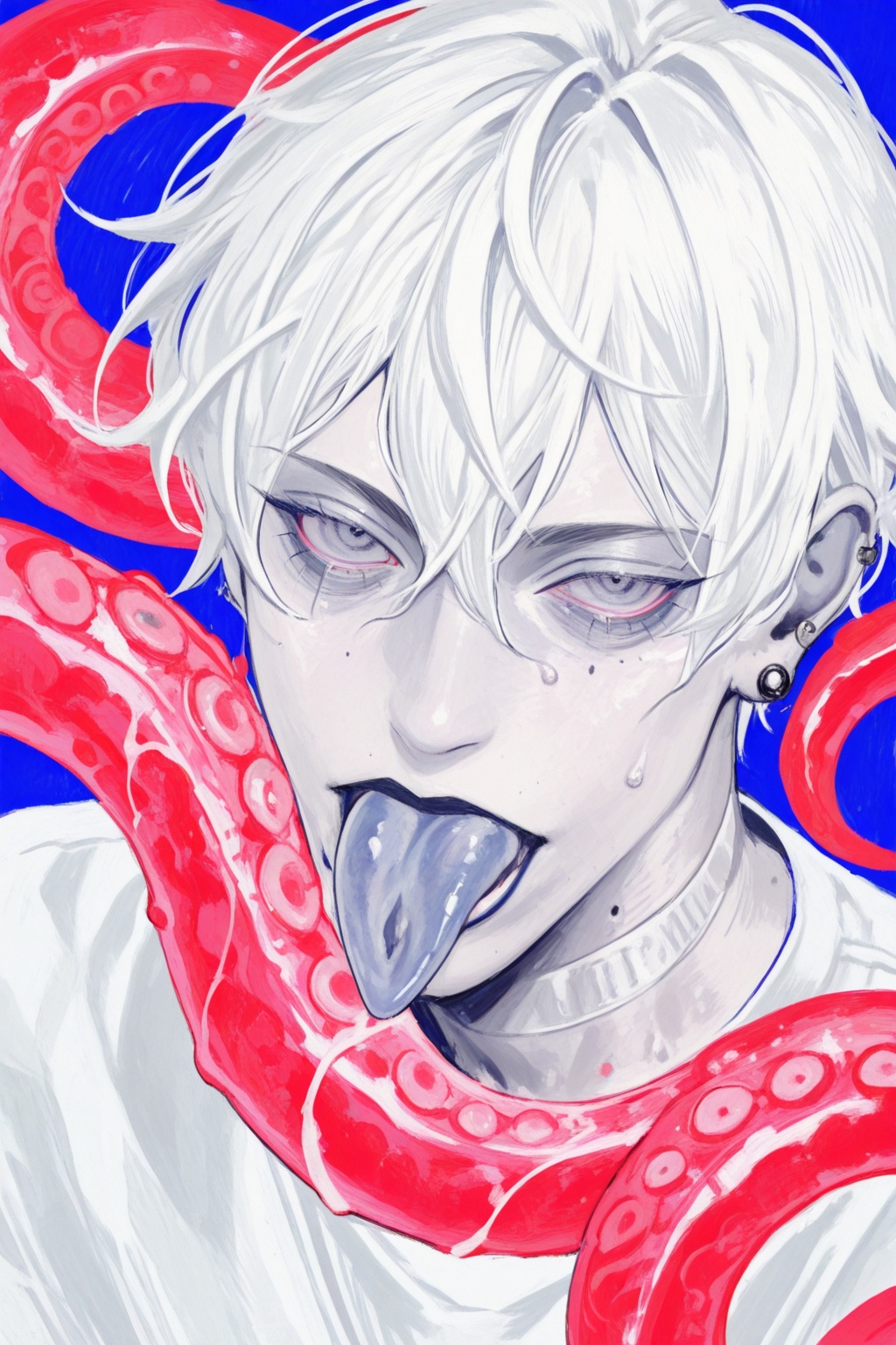 1boy male tile_wall mole male_focus piercing tentacles solo ear_piercing shirt looking_at_viewer bandaid tiles upper_body...