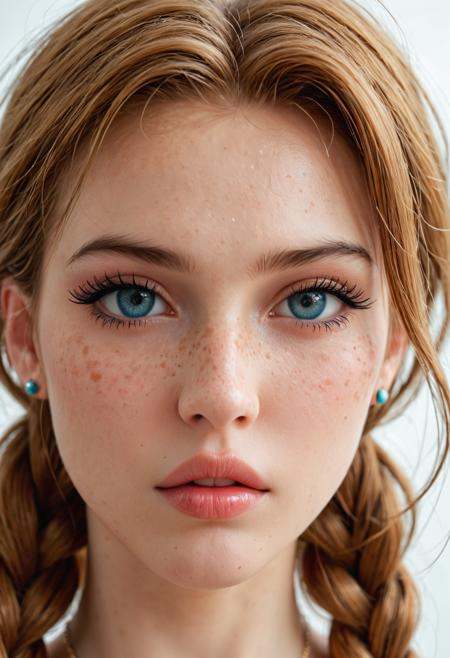 score_9,score_8_up,score_7_up, close-up. freckles. A breathtakingly beautiful 21-year-old Scandinavian model, with piercing ice blue eyes. Her fair skin glows, every pore visible due to the high detailed real skin texture. She is adorned with minimalist makeup that enhances her delicate facial features, creating an alluring and seductive look.Her face is framed by twin braids of golden hair. The focus of this close-up image is solely on her ethereal beauty.perfect eyes, simple background